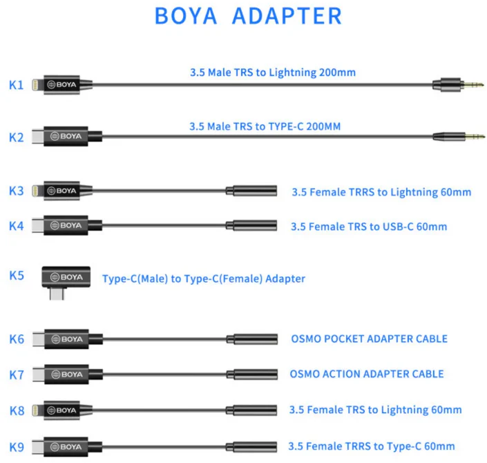 BOYA adapterek: K1-K9. Különböző kábelek és adapterek különböző csatlakozókkal.