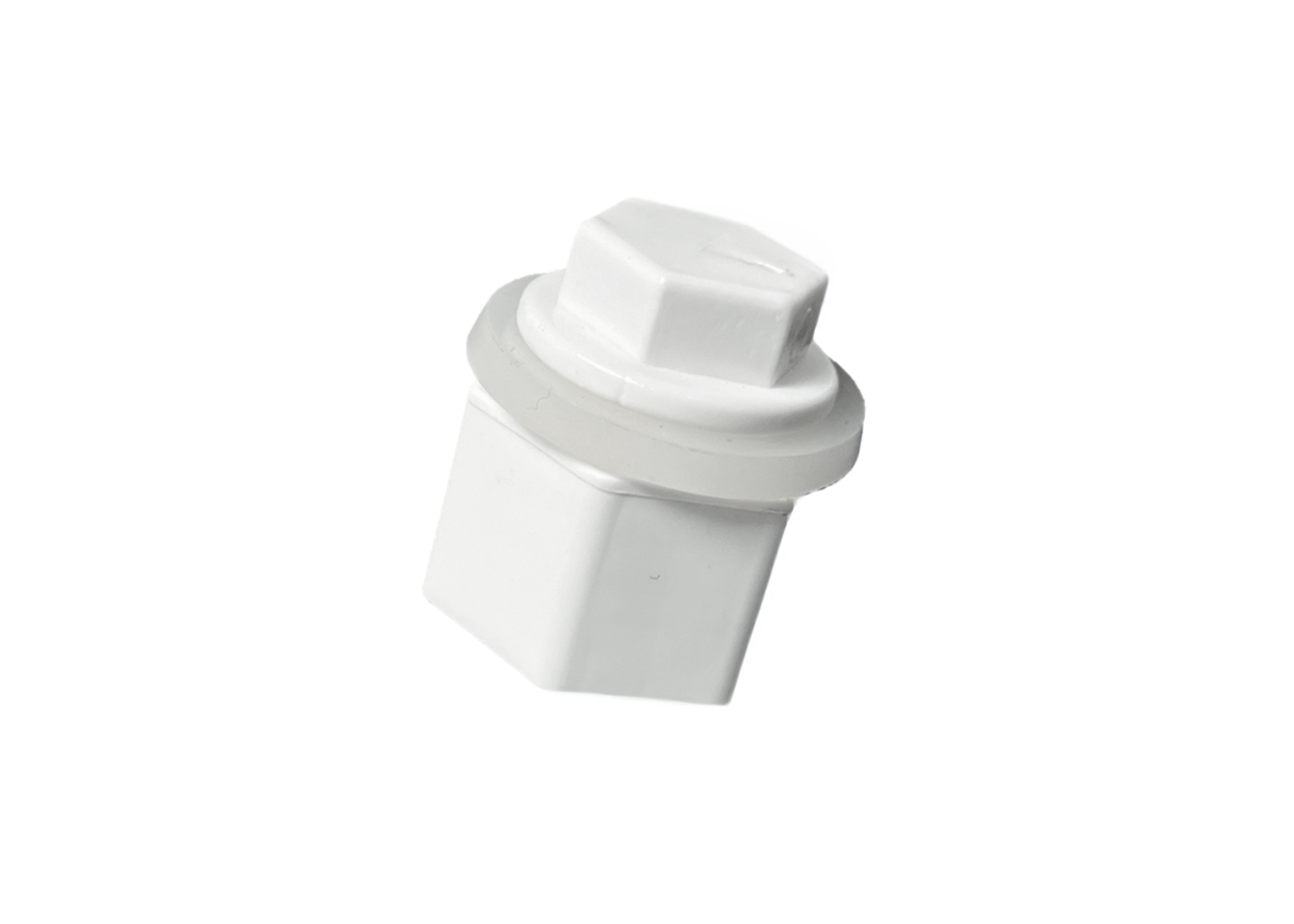 Ein weißer sechseckiger Stecker mit einem durchsichtigen Ring.