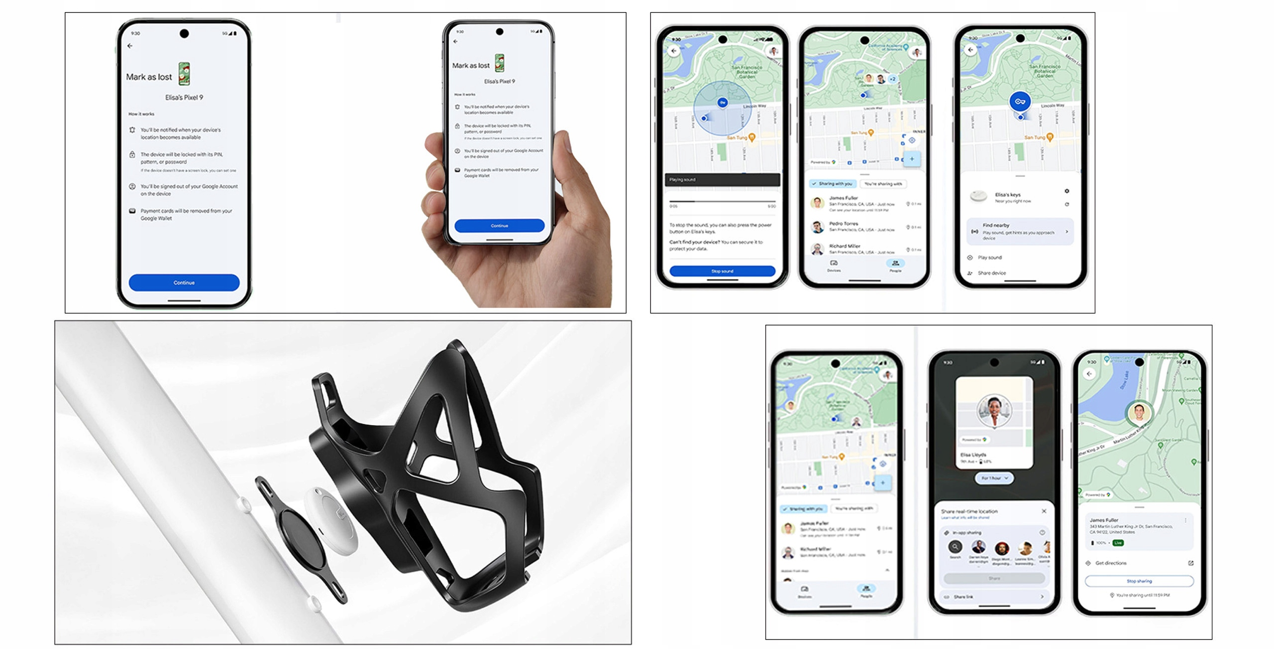 Smartfon wyświetla "Oznacz jako zagubiony". Obok widoki map i uchwyt na bidon rowerowy ze znacznikami.
