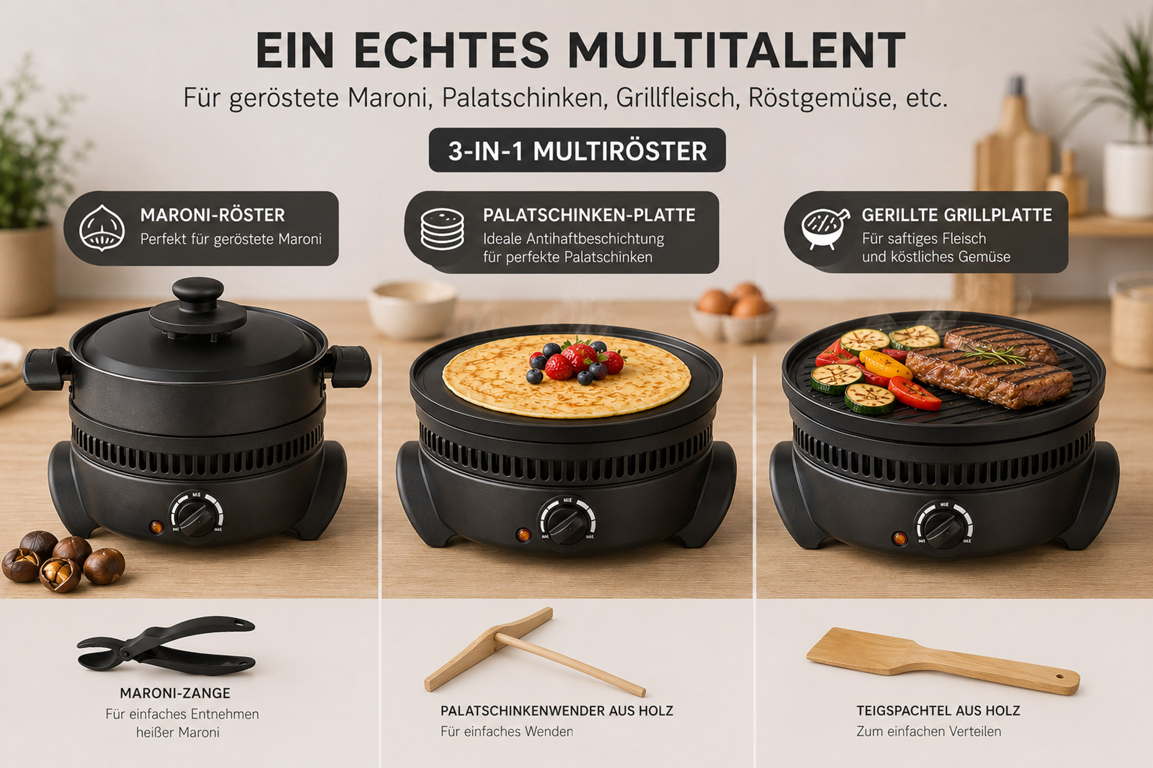 Ein 3-in-1 Multiroster zeigt drei Aufsätze: Maroni-Röster, Palatschinkenplatte, Grillplatte. Zubehör: Zange, Wender, Spatel.