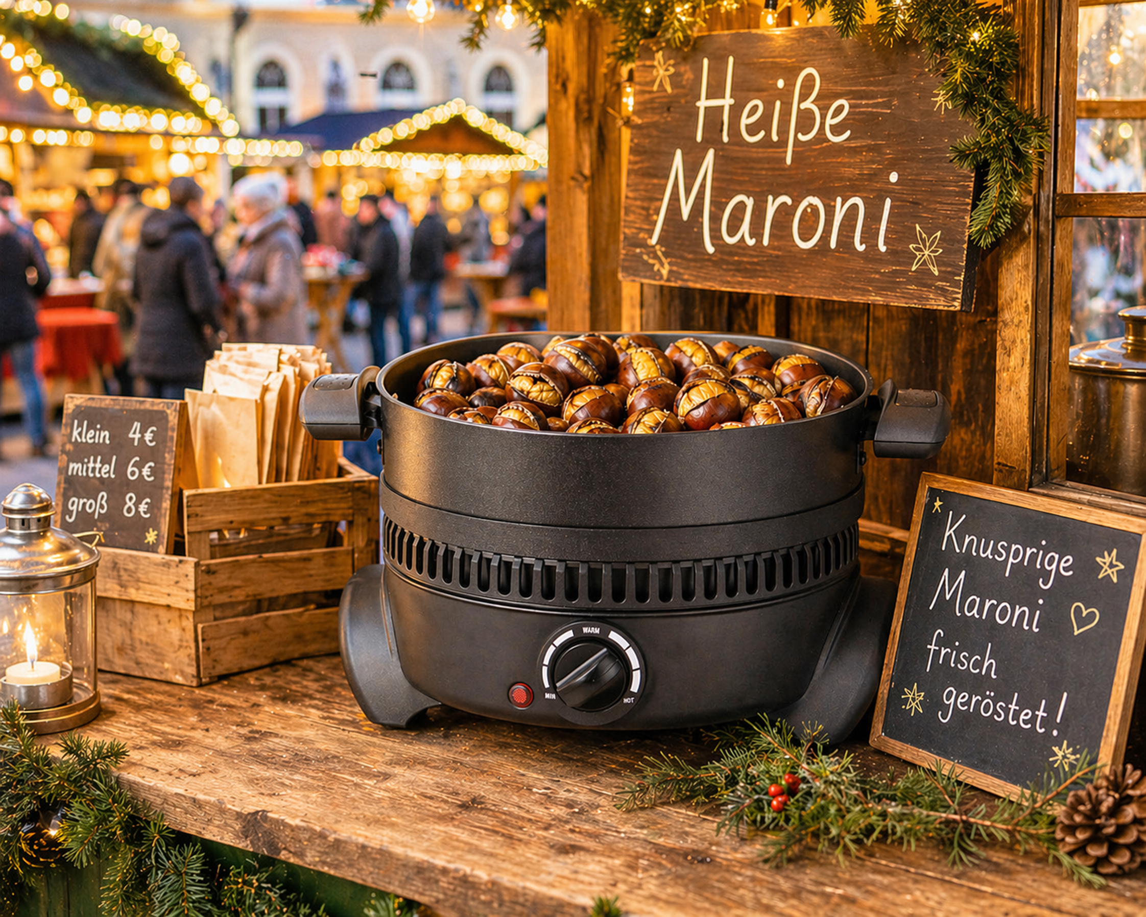 Geröstete Maroni werden in einem Topf auf einem Weihnachtsmarkt verkauft.