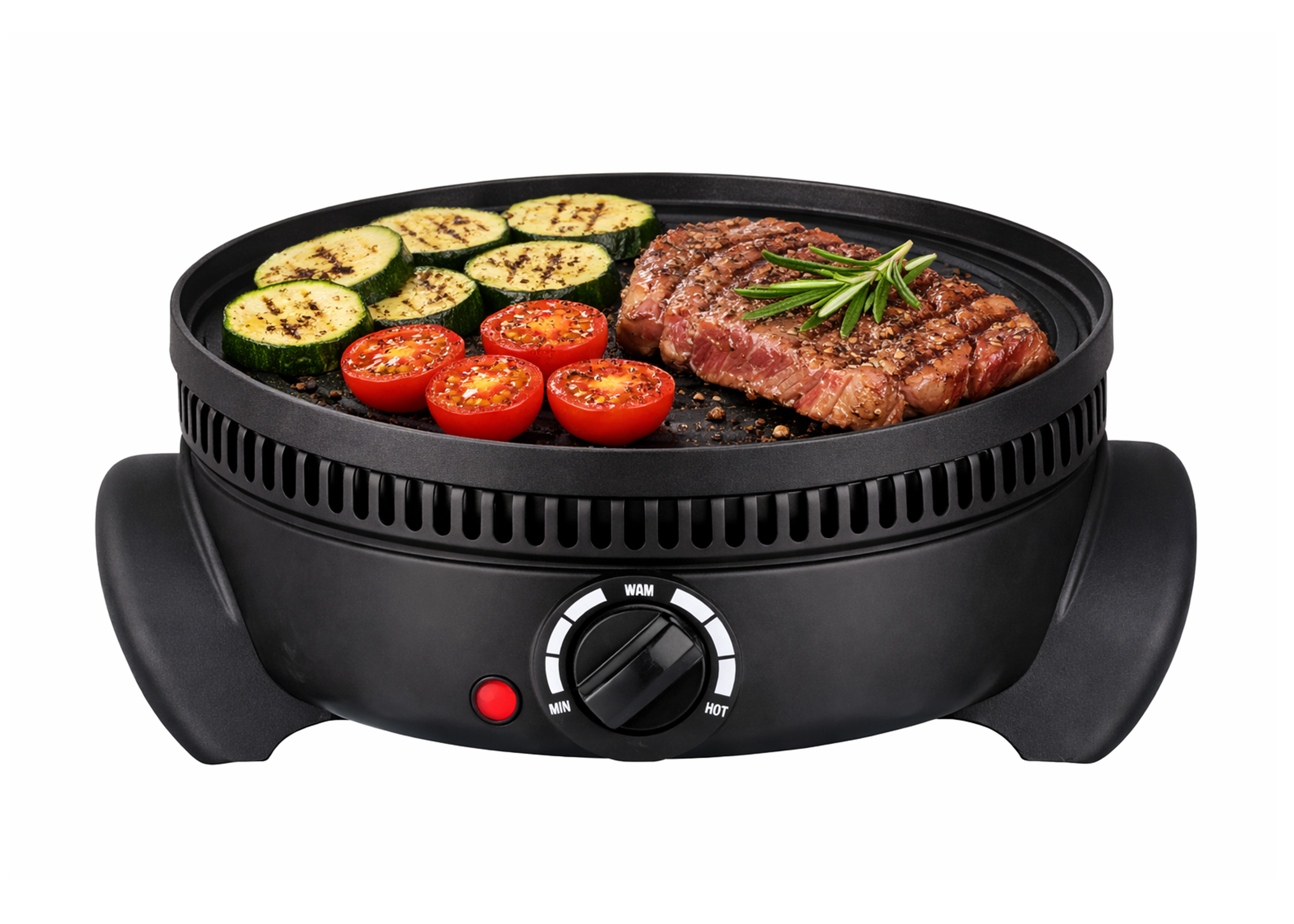 Ein Steak mit gegrilltem Zucchini und Tomaten auf einem schwarzen Grill.