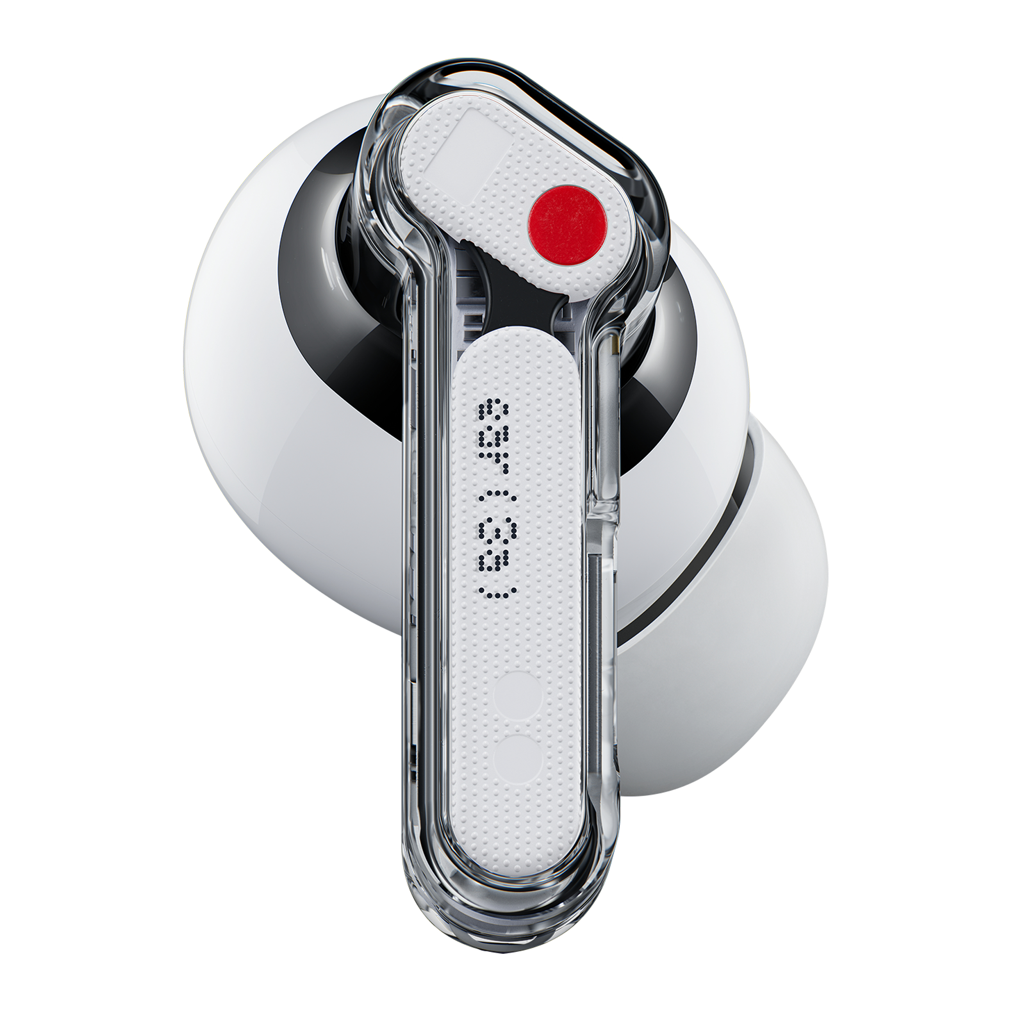 Ein weißer Earbud mit transparentem Griff und rotem Punkt.