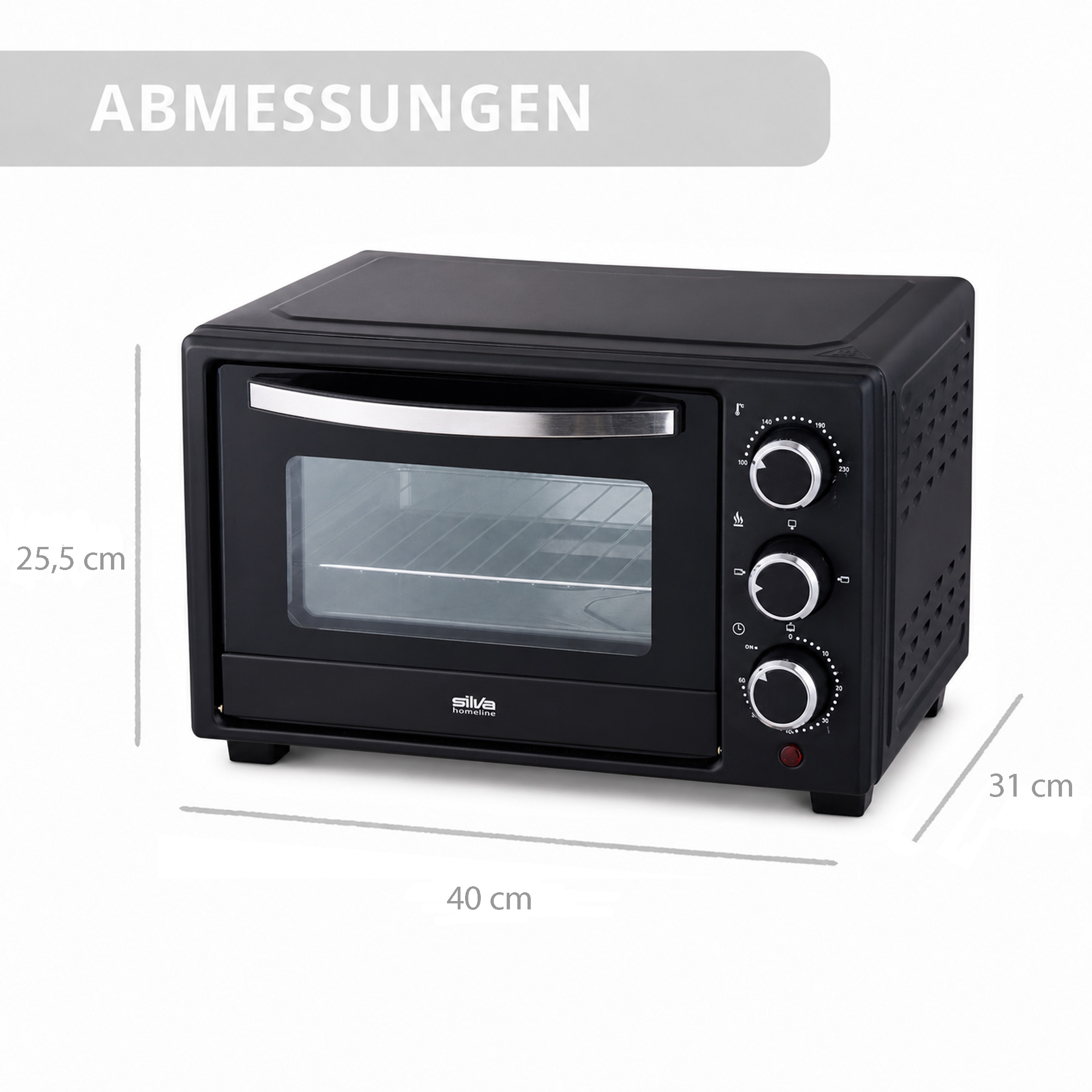 Schwarzer Tischofen mit silbernem Griff und Bedienelementen. Maße sind angegeben.