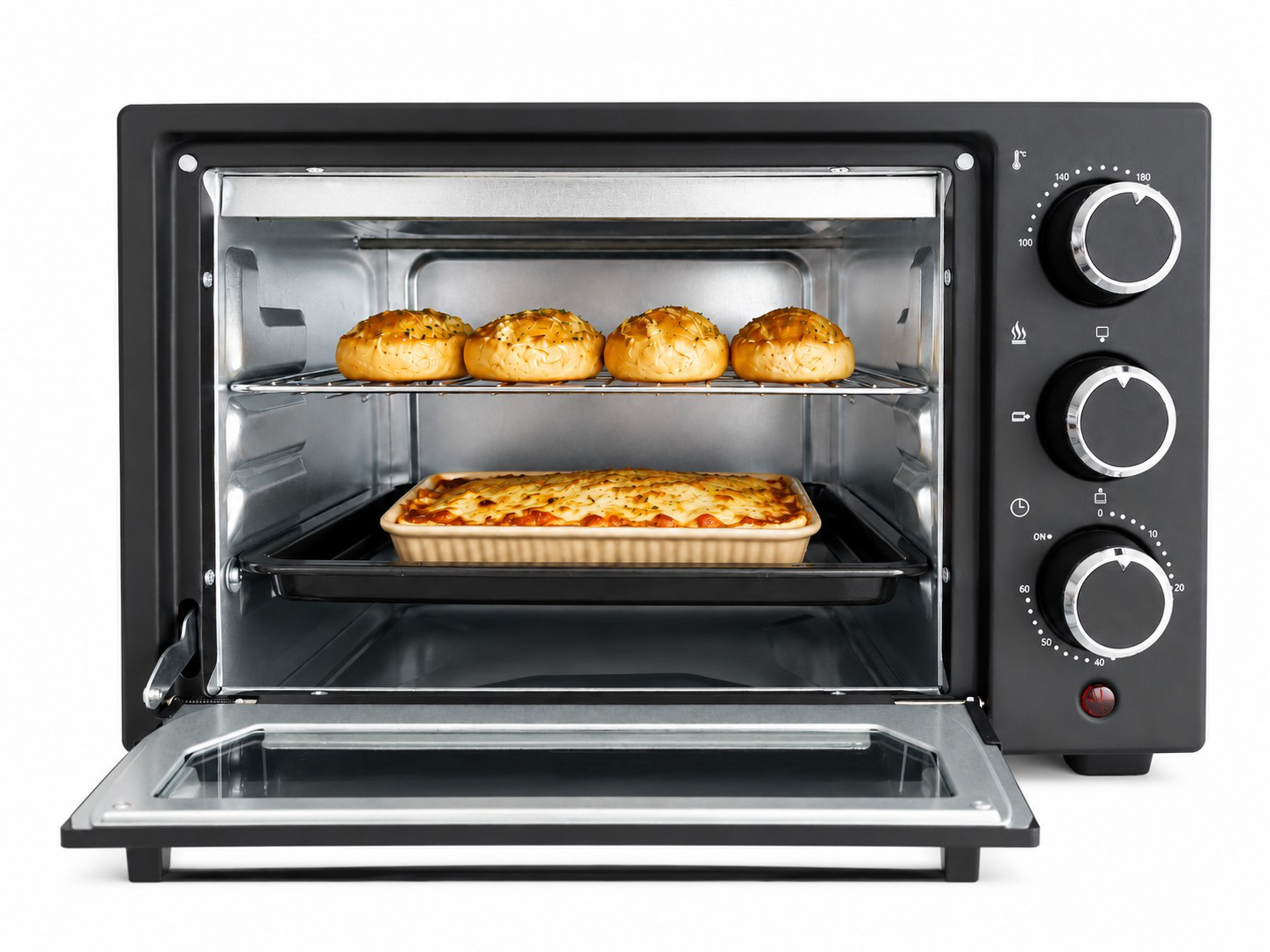 Ein schwarzer Toaster-Ofen mit geöffneter Tür. Oben sind vier Brötchen, unten eine Lasagne.