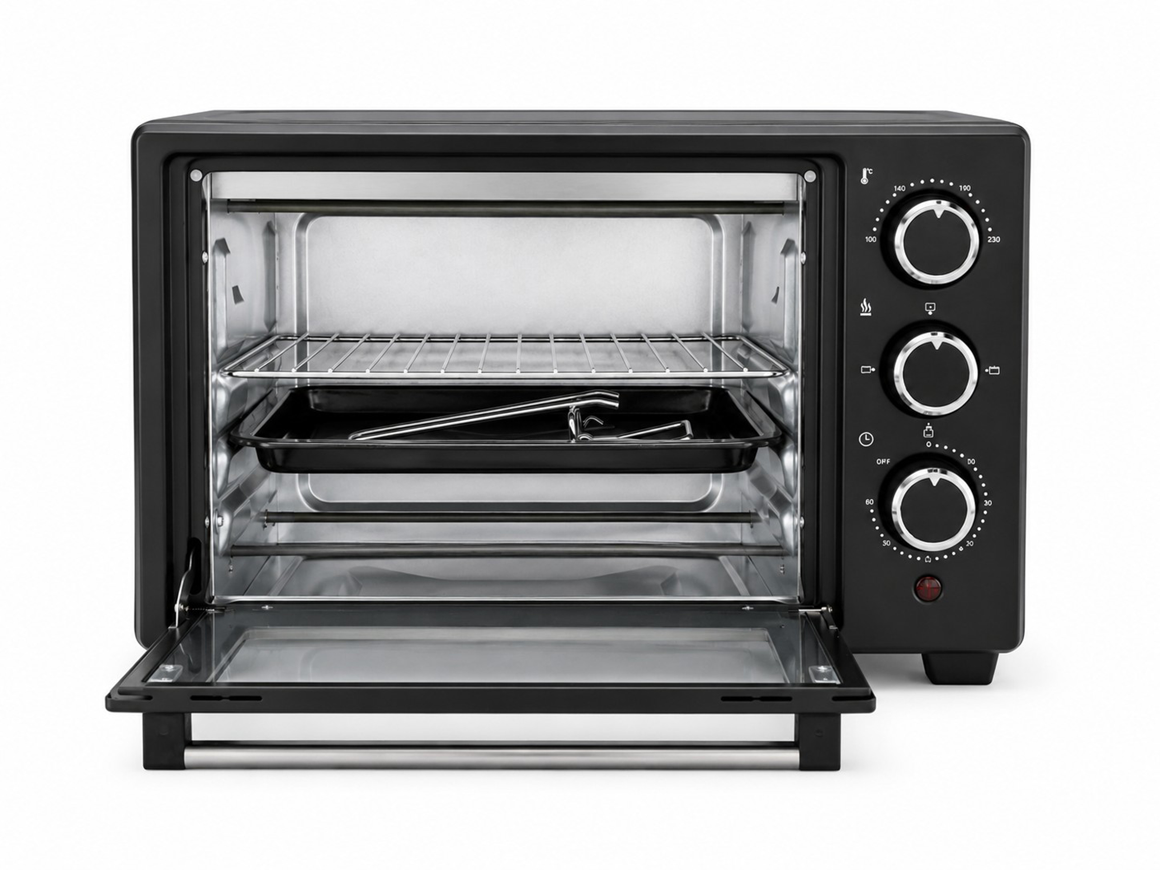 Ein offener schwarzer Tischbackofen mit Grill und drei Drehknöpfen.