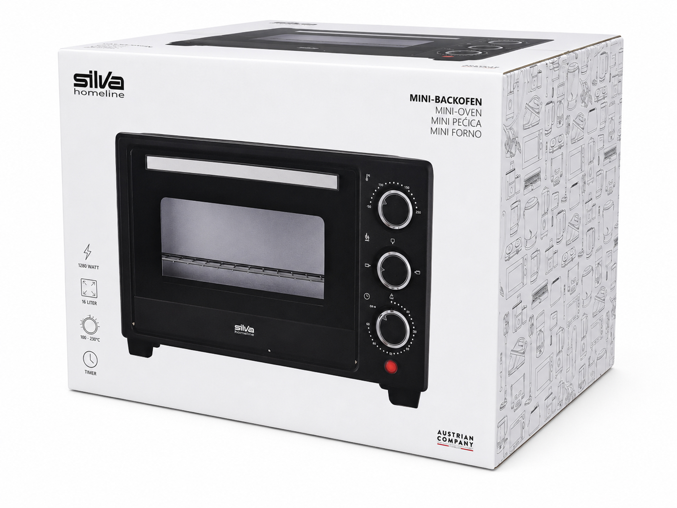 Eine schwarze Silva Homeline Mini-Backofen-Verpackung mit Produktabbildungen und Spezifikationen.