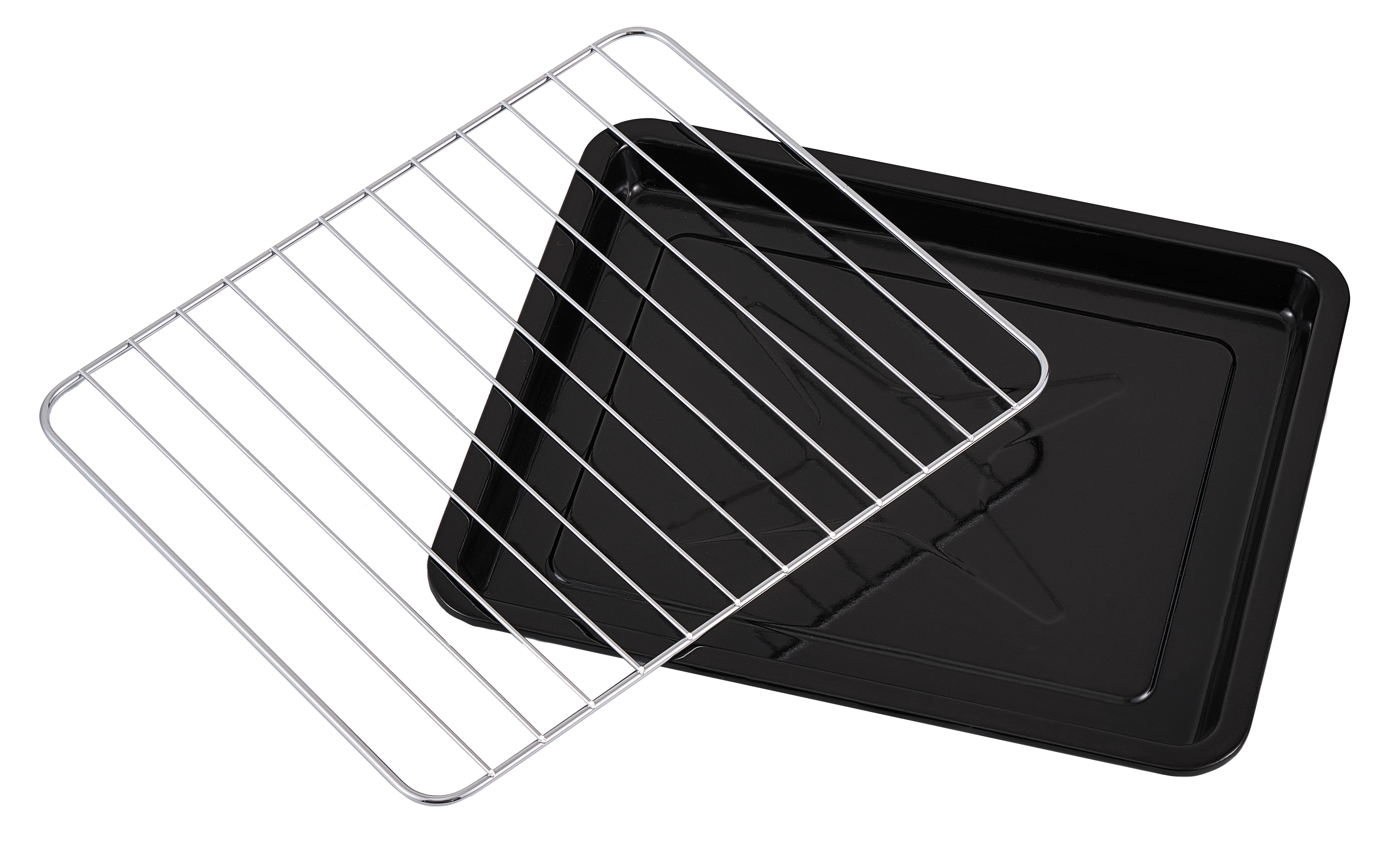 Ein schwarzes Backblech mit einem silbernen Rost darüber.