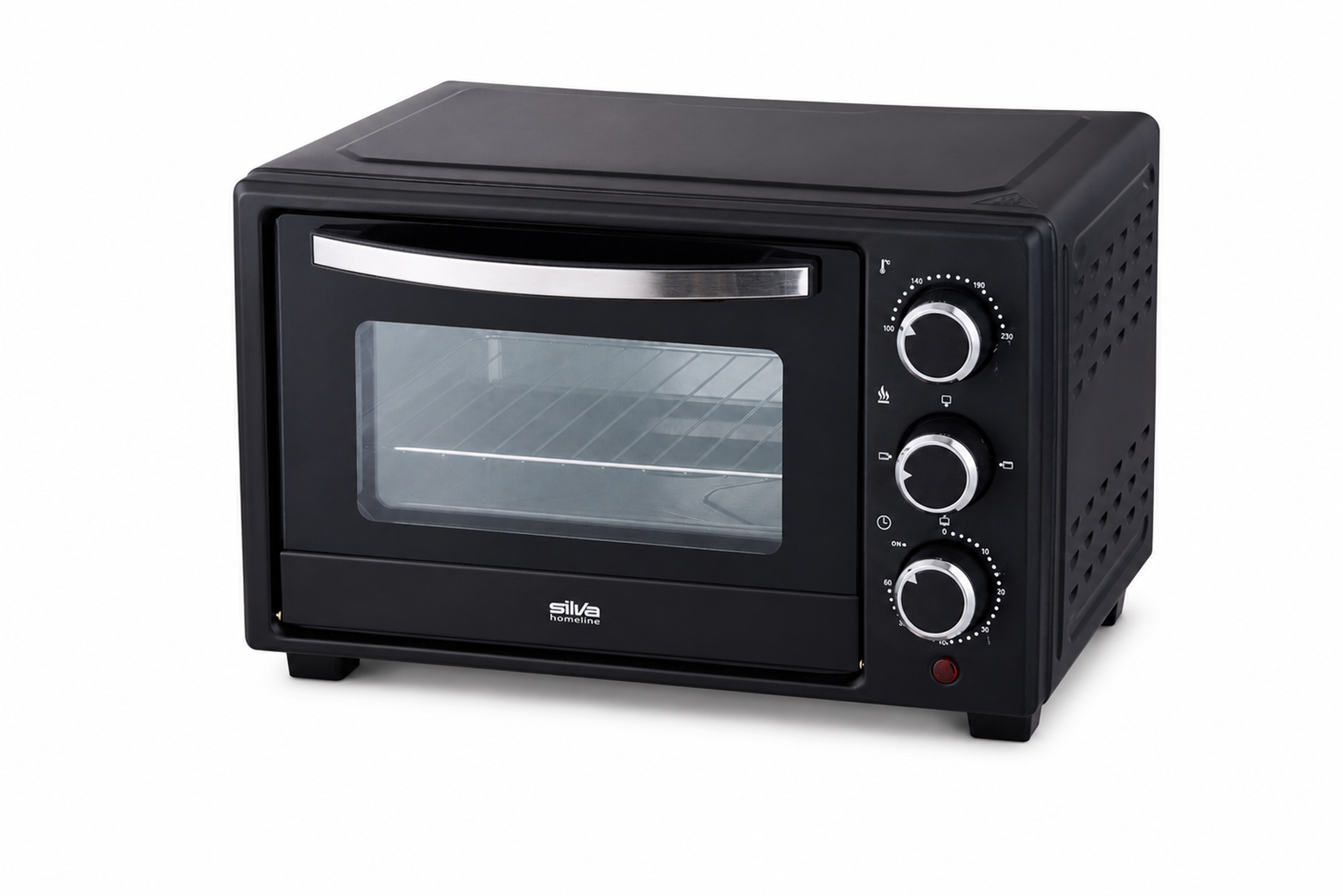 Schwarzer Tischbackofen mit silbernem Griff und Bedienelementen.
