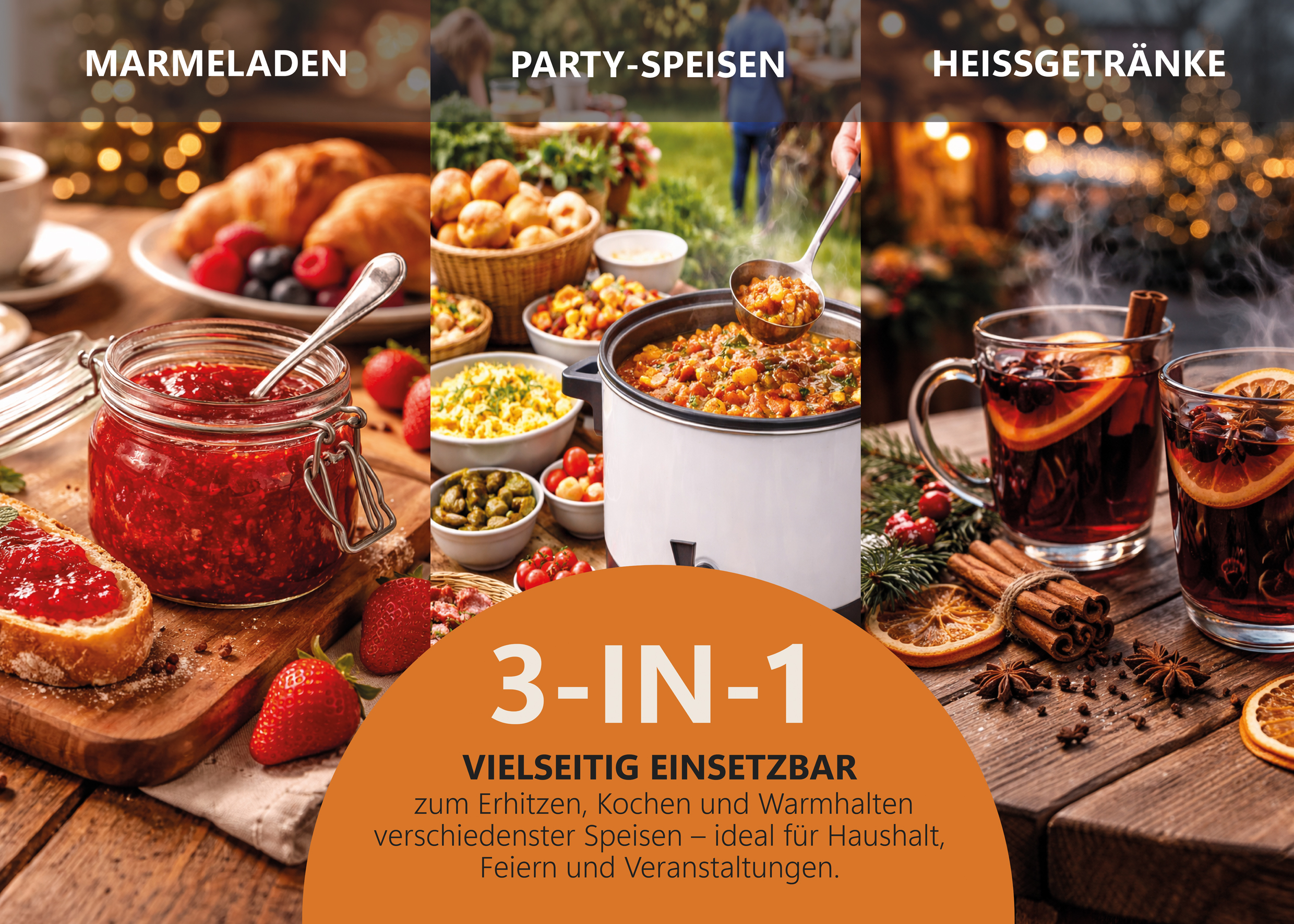 3-in-1: Marmelade, Party-Speisen, Heißgetränke. Vielseitig einsetzbar.