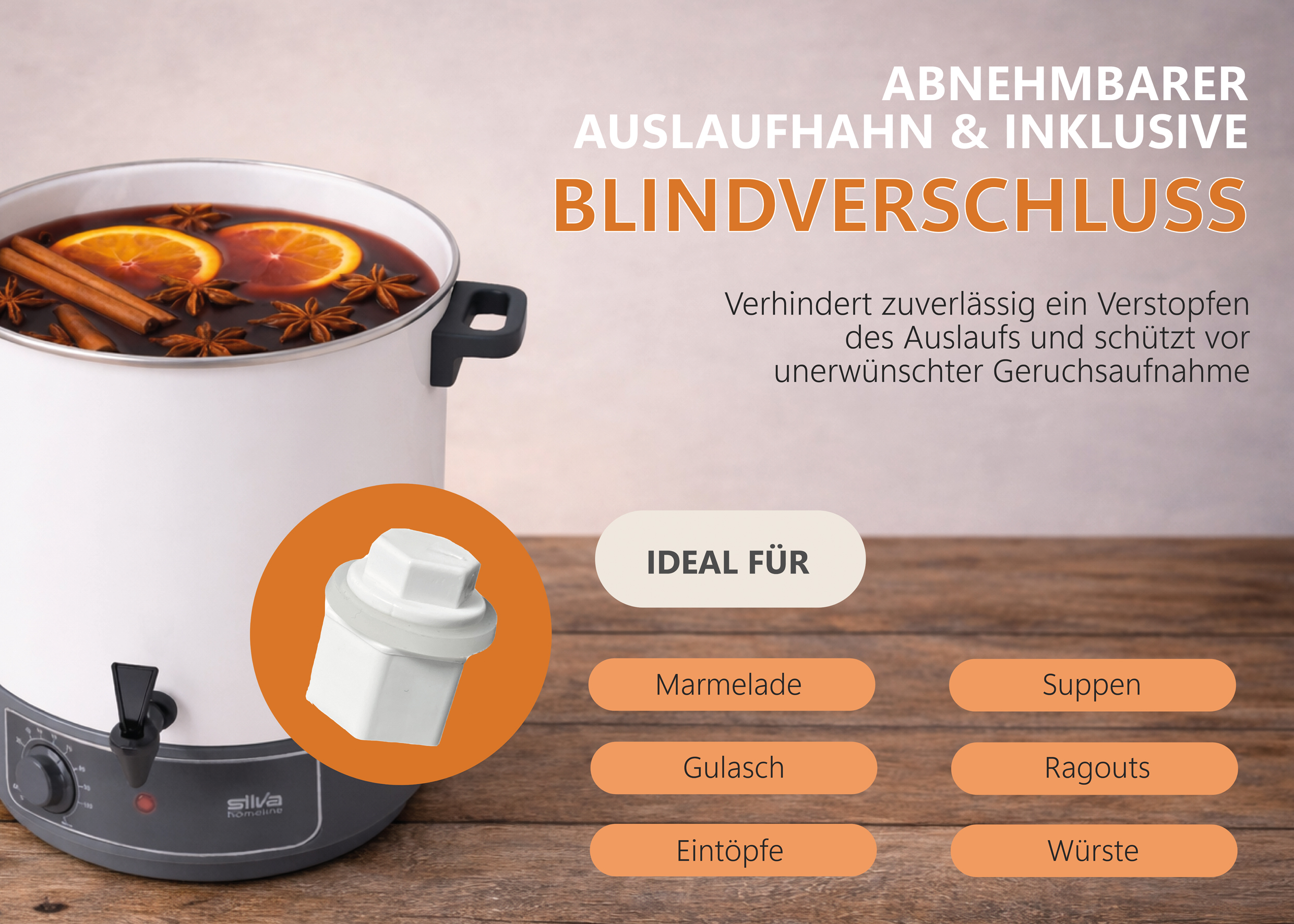 Ein weißer Topf mit Glühwein, Orangen, Zimt und Sternanis. Daneben Text über einen Blindverschluss.
