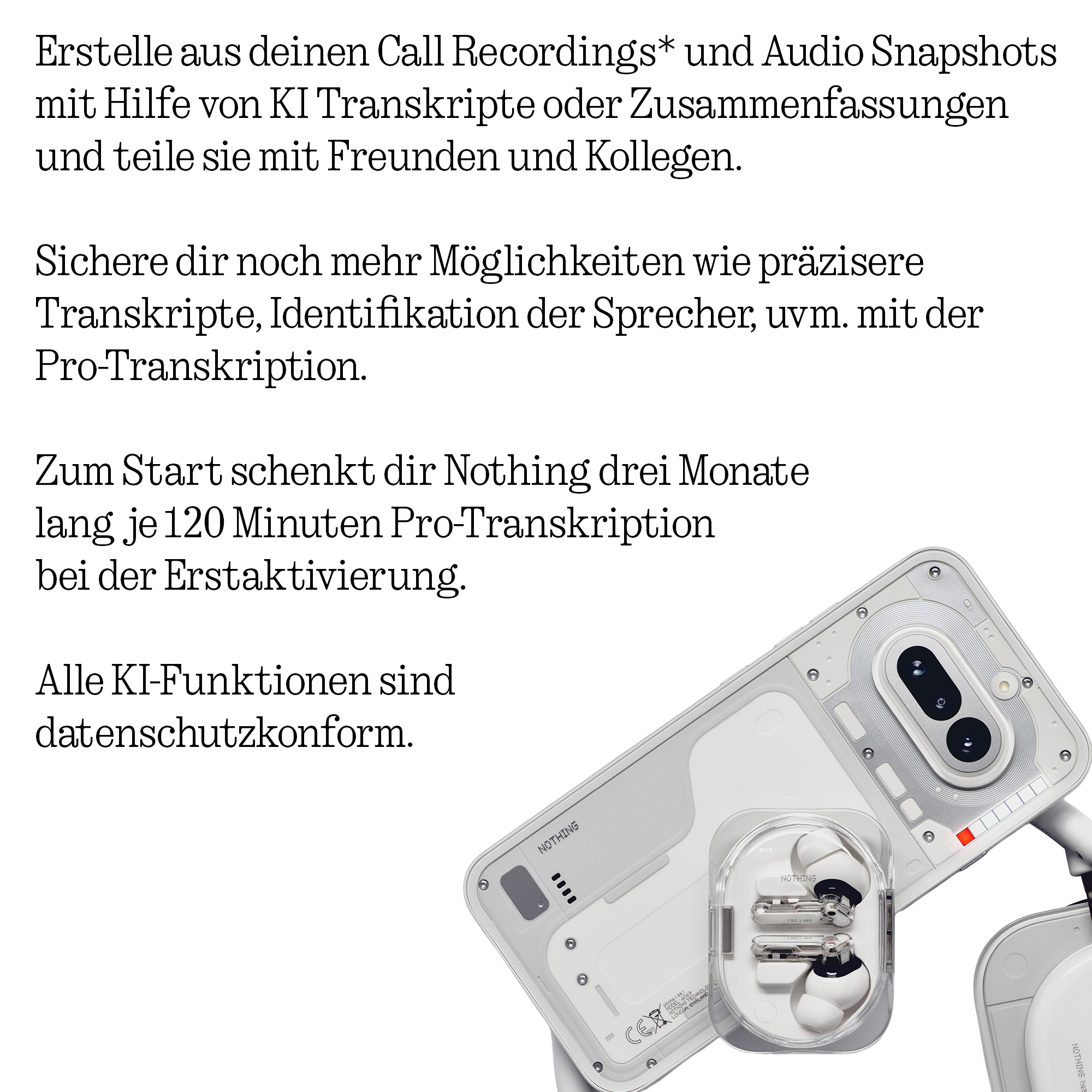 Ein transparentes Smartphone mit weißen Ohrhörern in einem Ladecase.