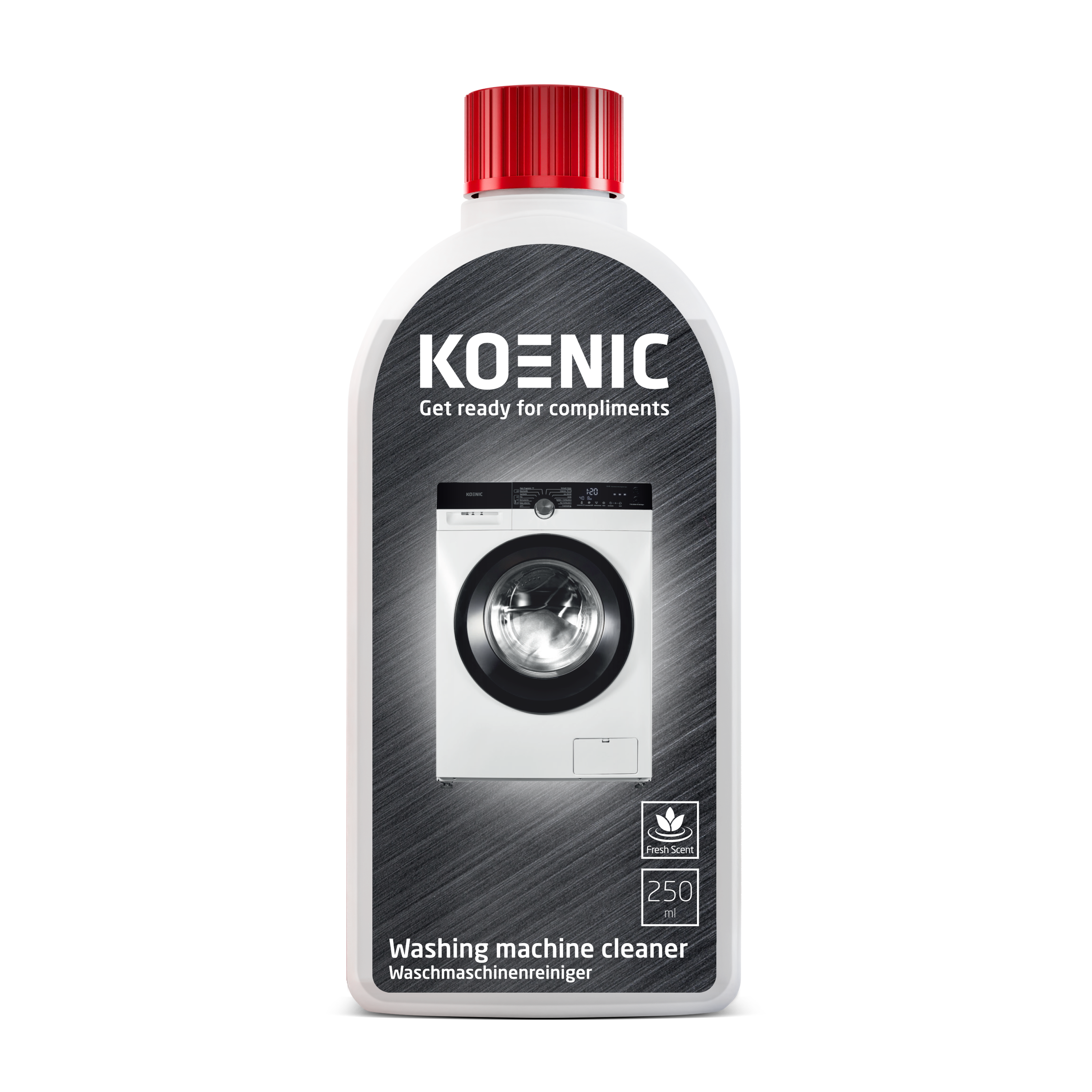 Eine weiße Flasche mit rotem Deckel, die einen Waschmaschinenreiniger darstellt.