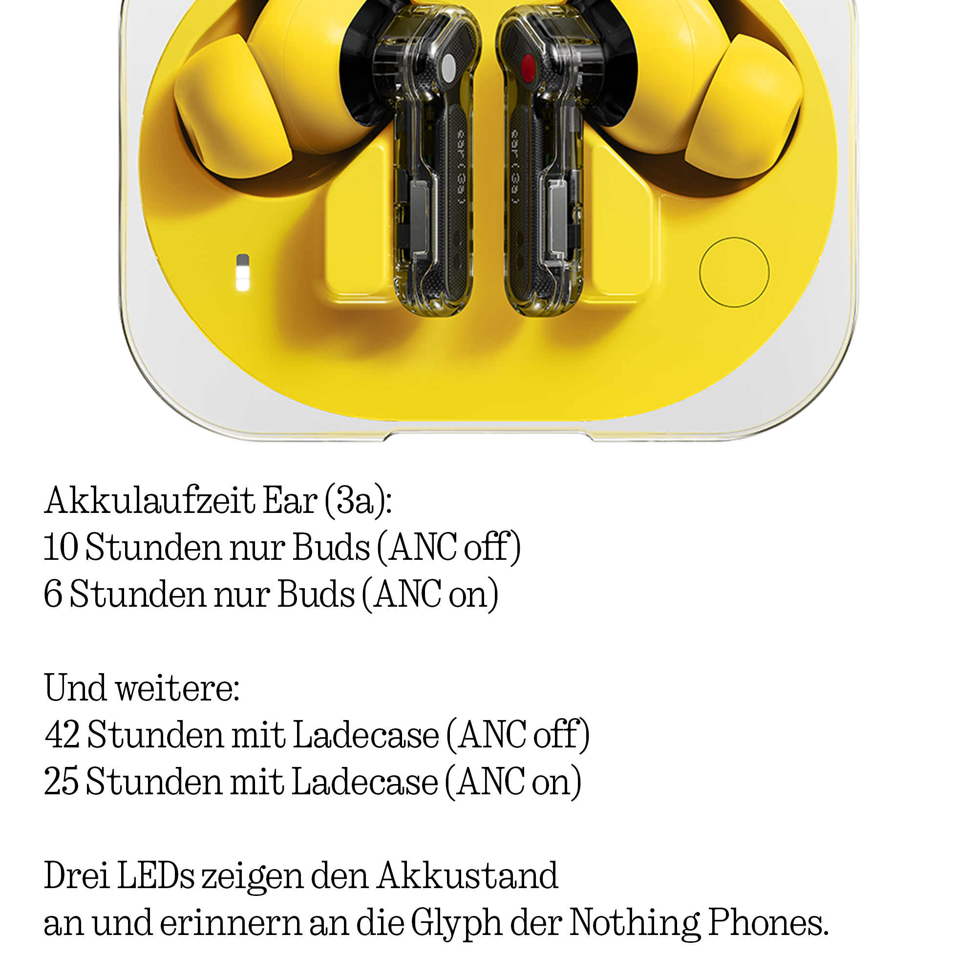 Gelbe kabellose Ohrhörer in transparentem Case, mit Akku-Infos.