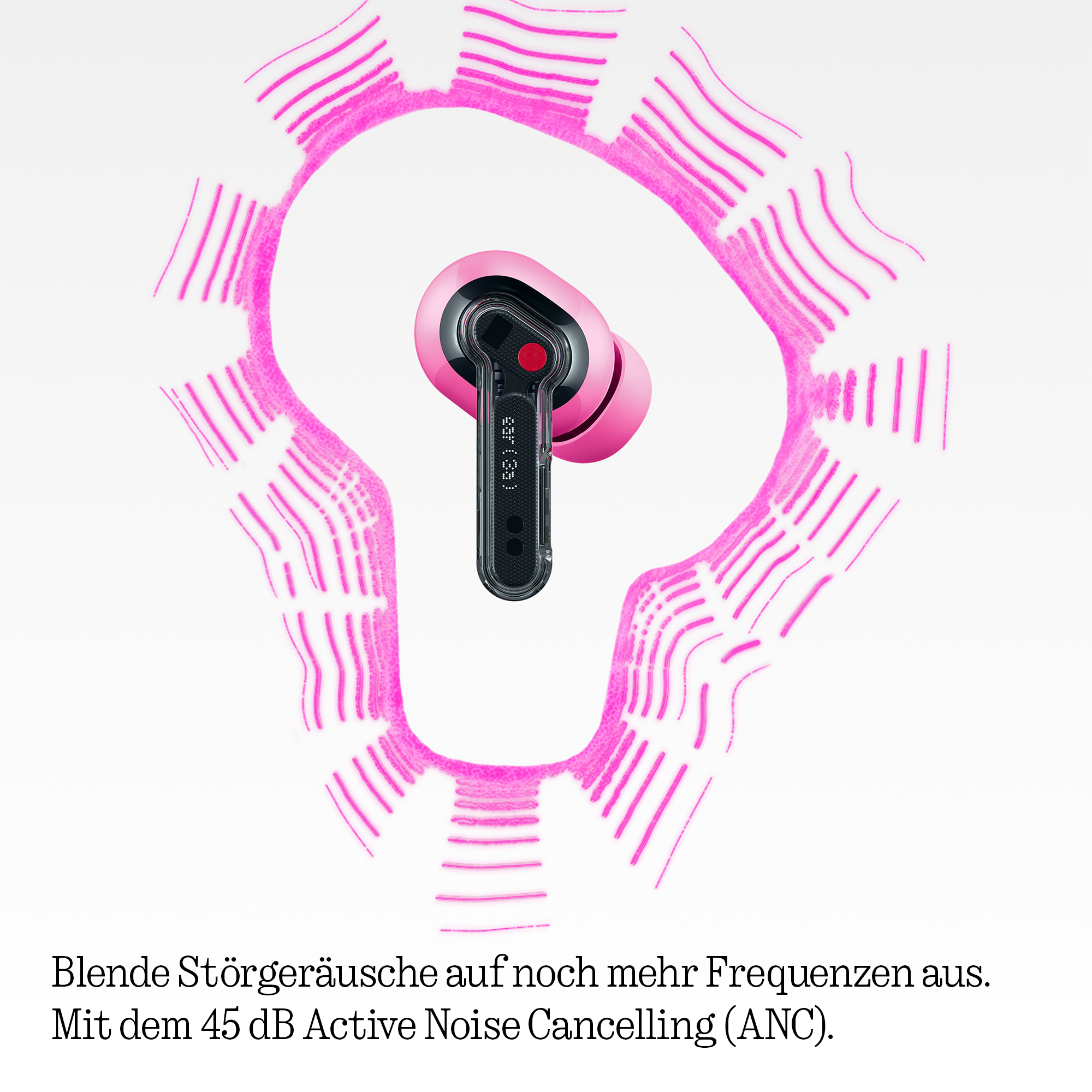 Ein pinker Earbud mit Noise Cancelling Symbolen.