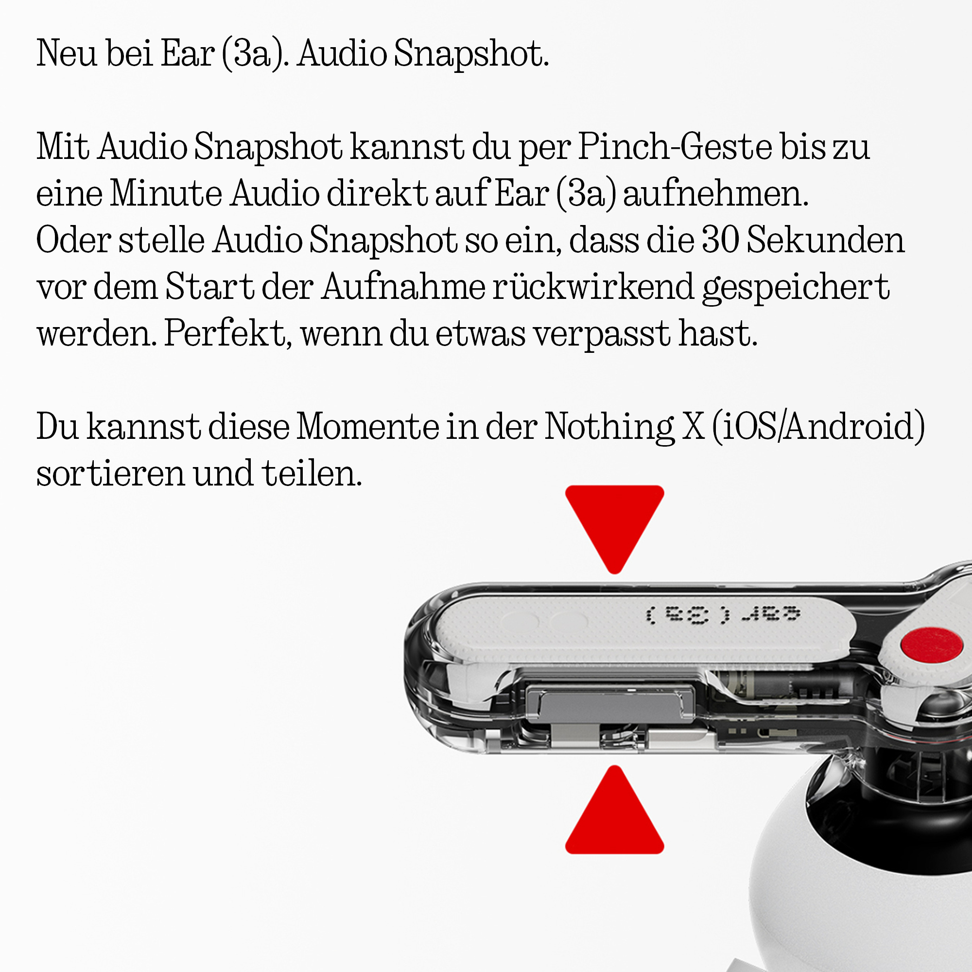 Ein transparentes Ladecase mit Ear (3a) Ohrhörern und roten Pfeilen.