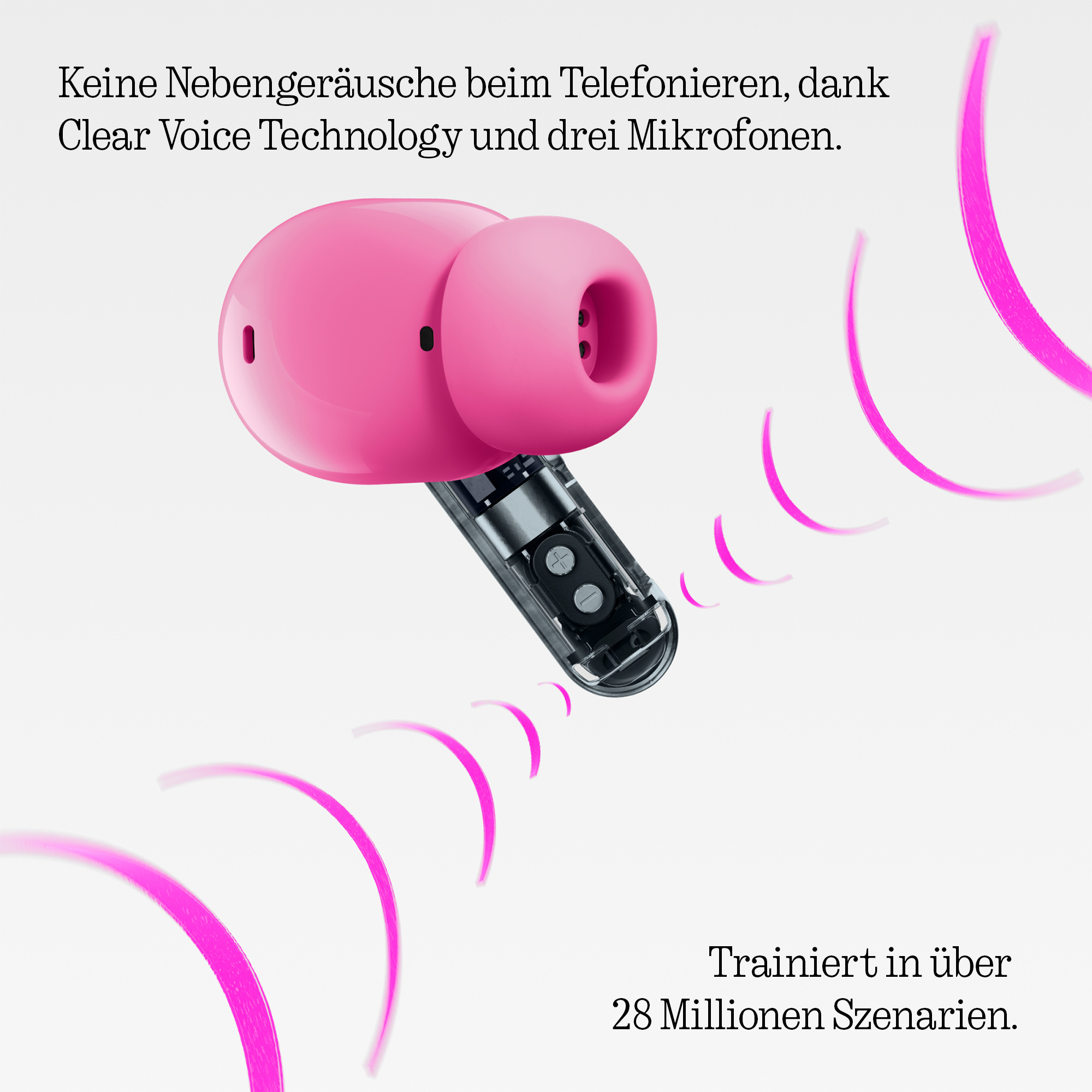 Ein pinker Kopfhörer mit sichtbarer Elektronik, umgeben von abstrakten Linien.