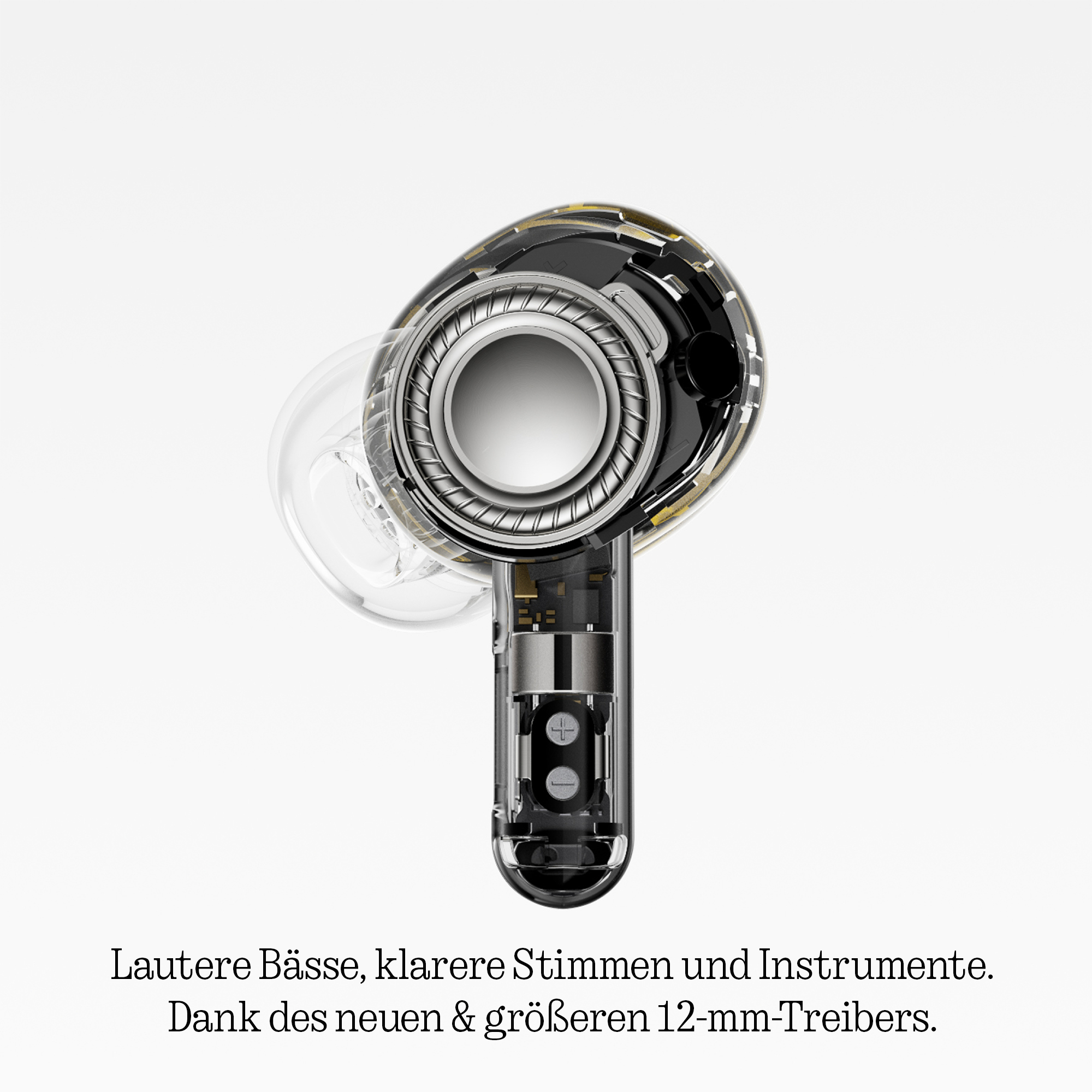 Transparenter Kopfhörer mit 12-mm-Treiber. Zeigt interne Komponenten.