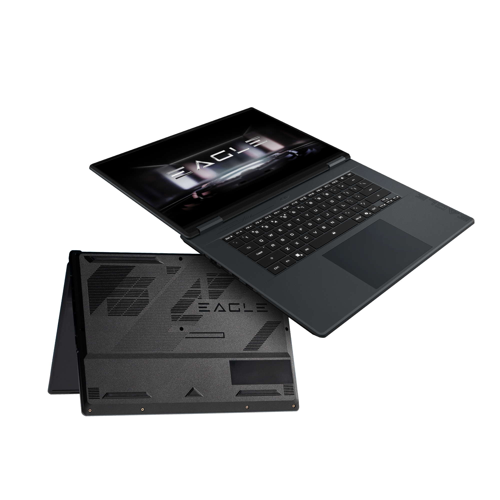 Ein dunkelgraues Laptop mit dem Wort EAGLE auf dem Bildschirm und unten. Tastatur sichtbar.