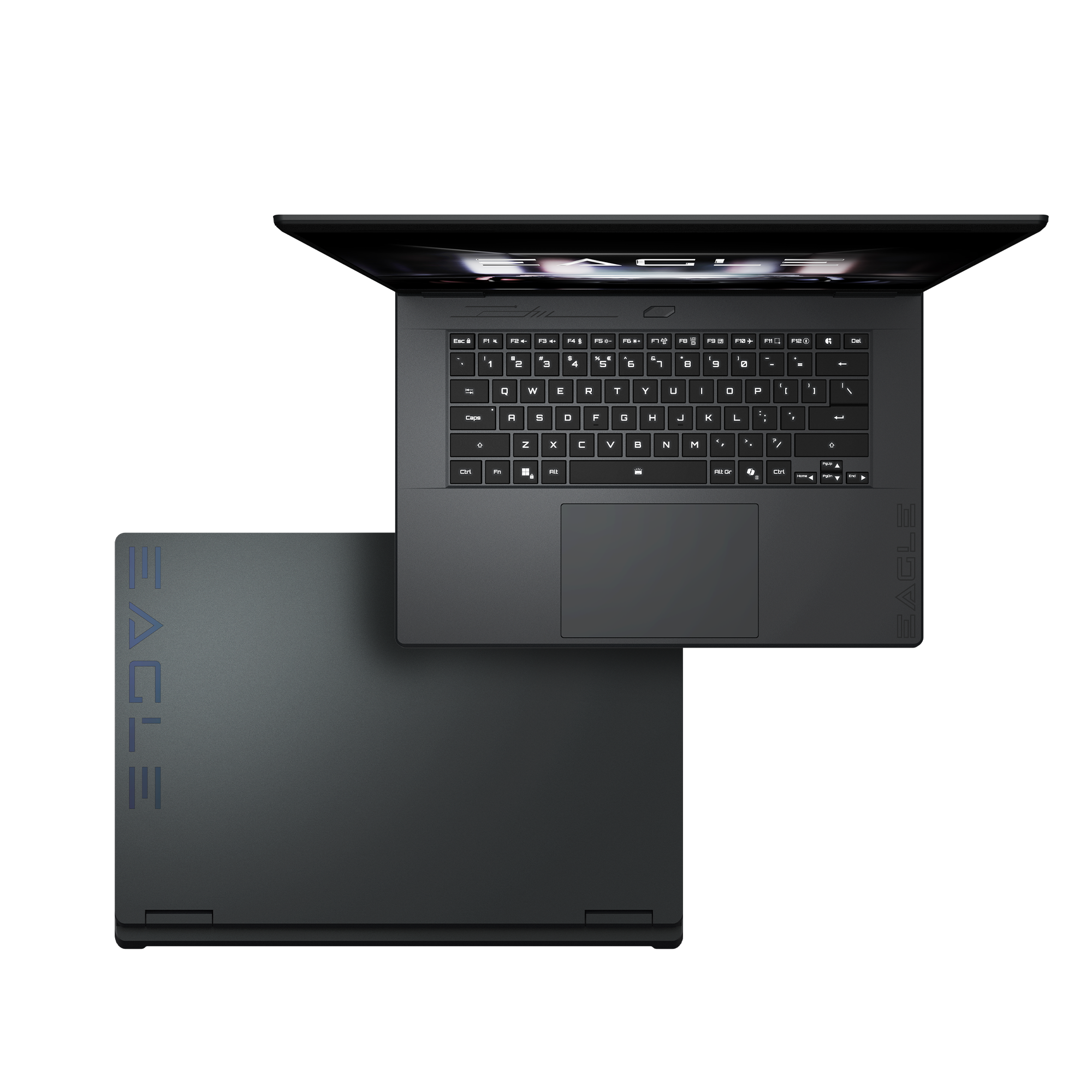 Ein geöffneter und ein geschlossener schwarzer Laptop nebeneinander, mit dem Schriftzug EAGLE.