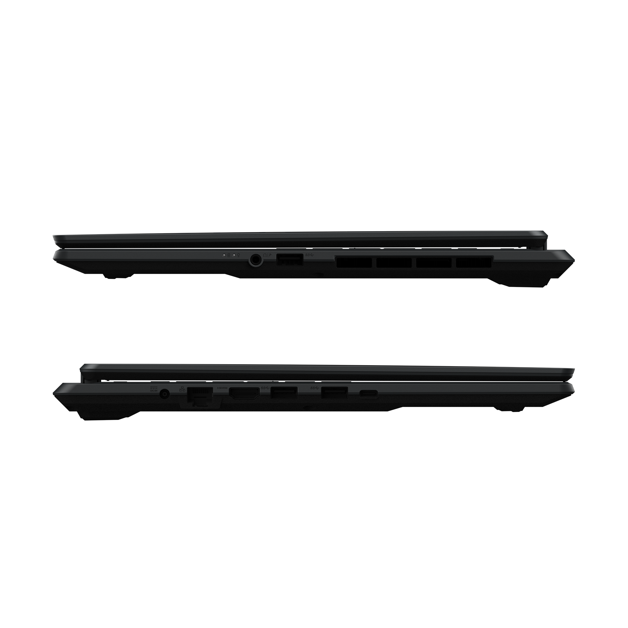 Zwei schwarze Laptops nebeneinander, Seitenansicht mit Anschlüssen.