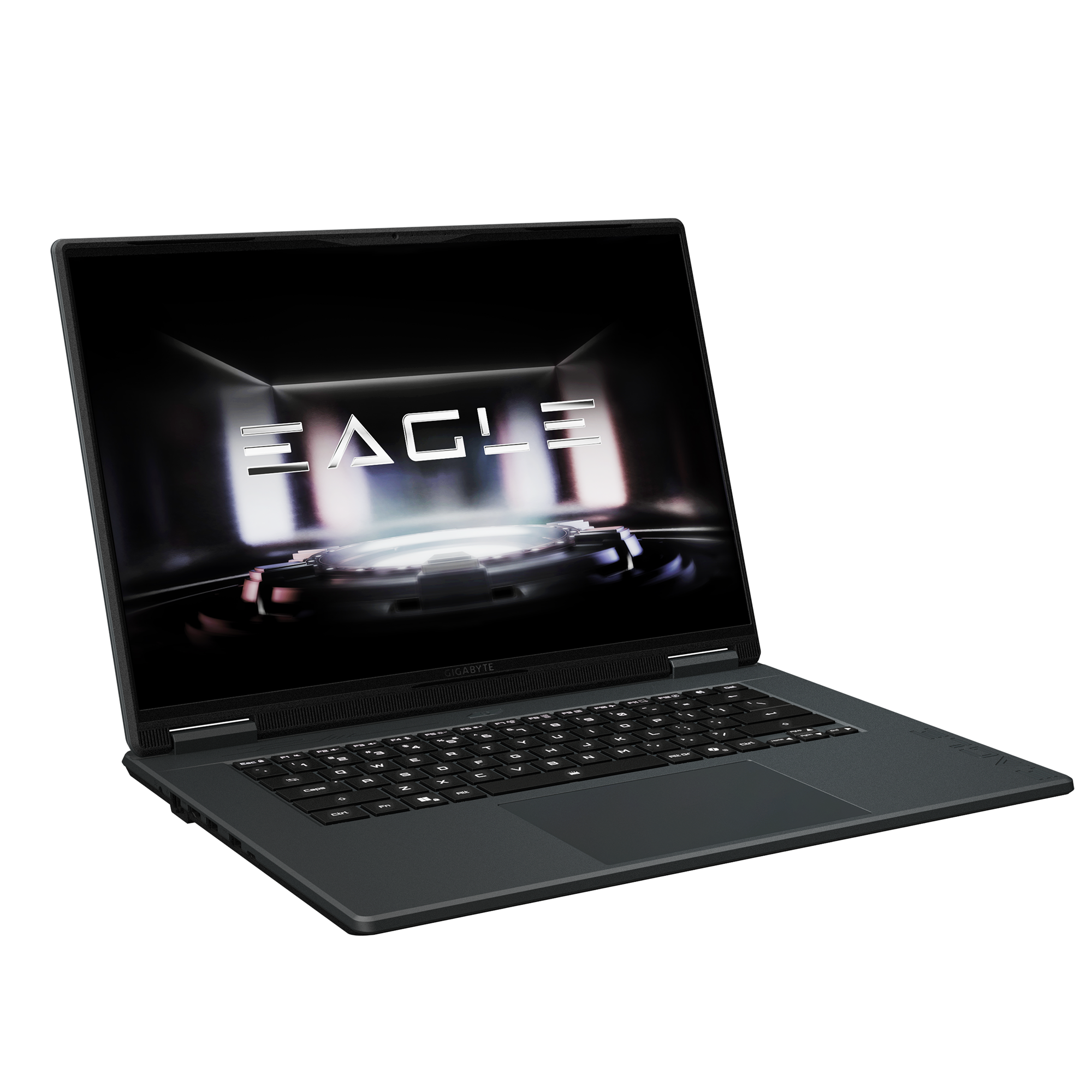 Ein dunkles Laptop mit dem Wort "EAGLE" auf dem Bildschirm.