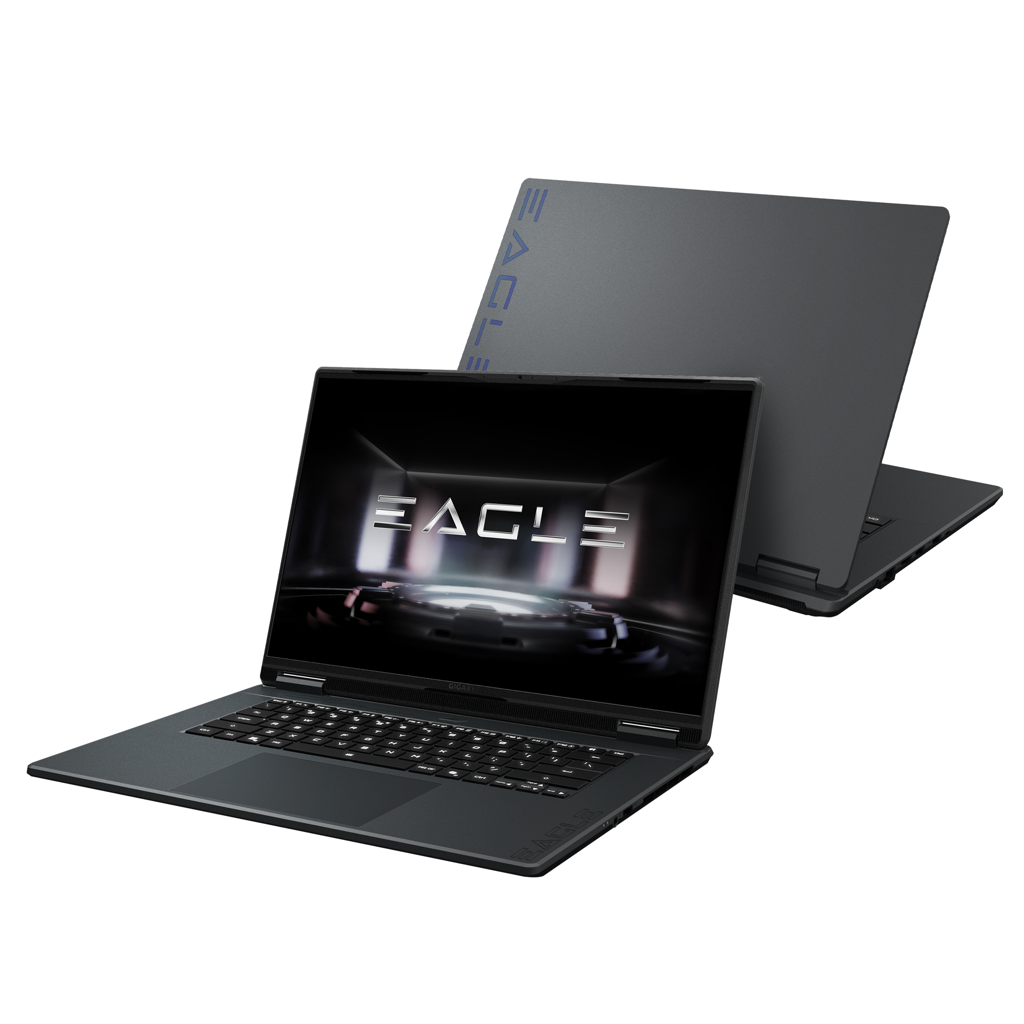 Ein geschlossener und ein geöffneter grauer Laptop mit dem Schriftzug "EAGLE".