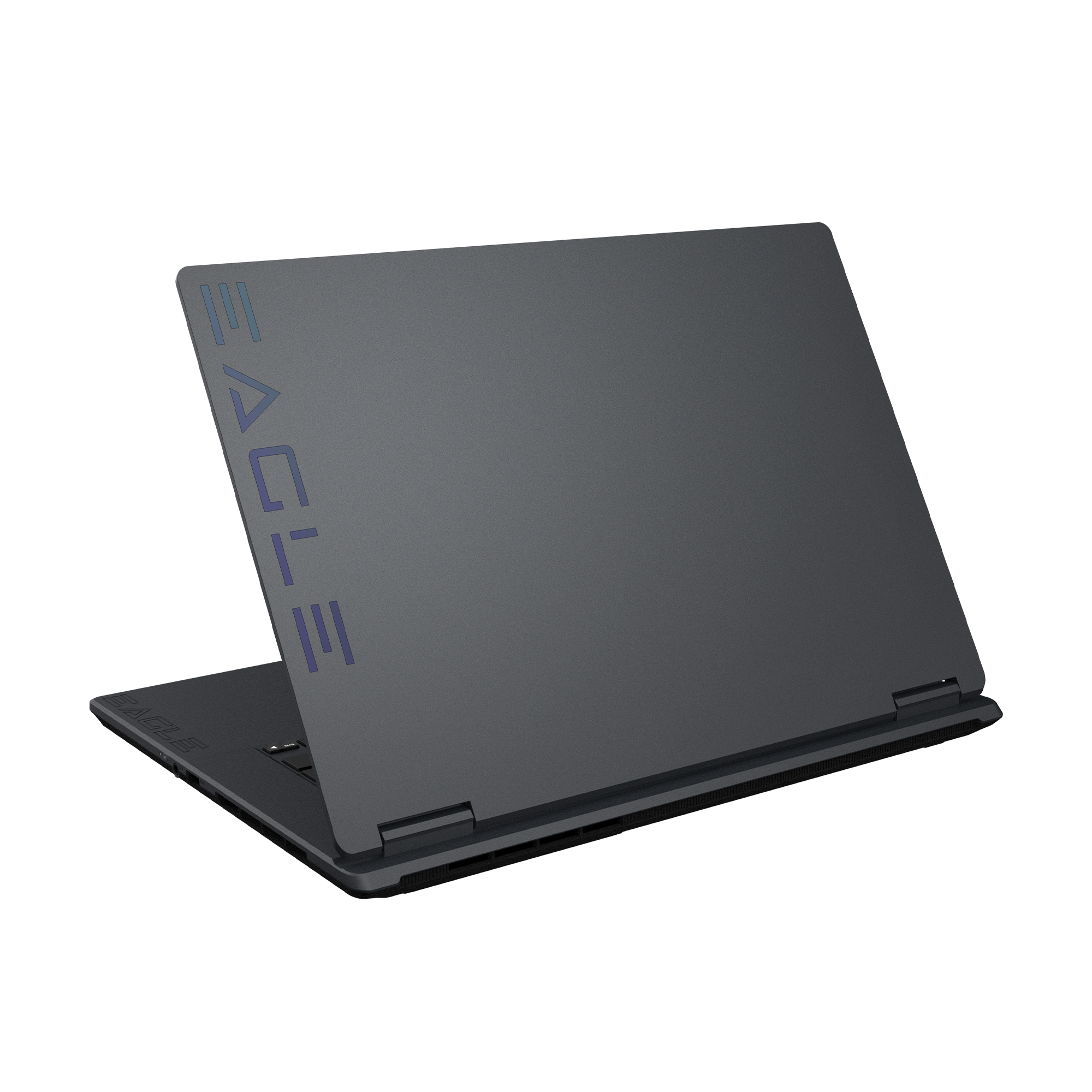 Ein geschlossener, dunkelgrauer Laptop mit dem Wort "EAGLE" in lila Buchstaben.