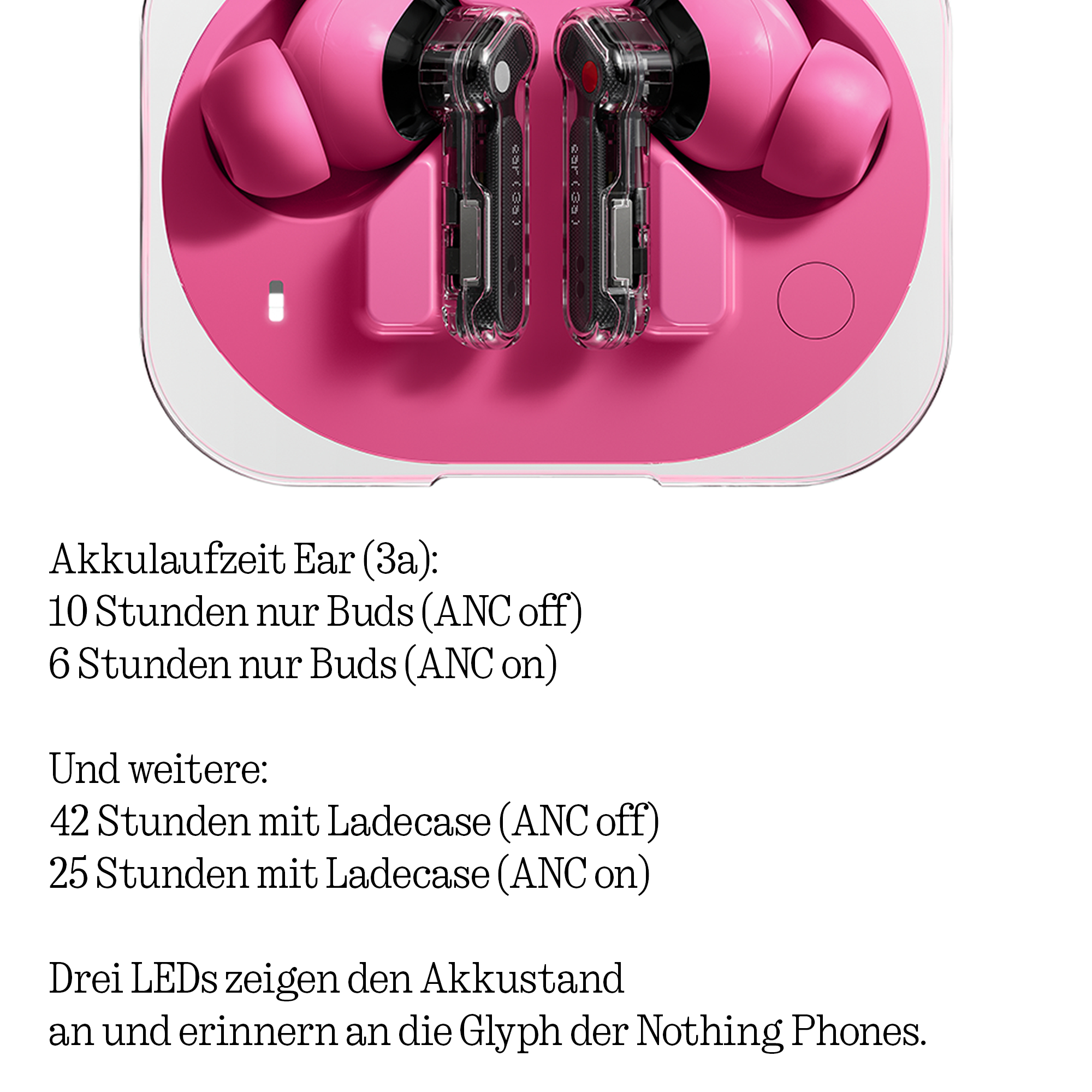 Pinke kabellose Kopfhörer mit transparentem Ladecase. 3 LEDs zeigen Akkustand.