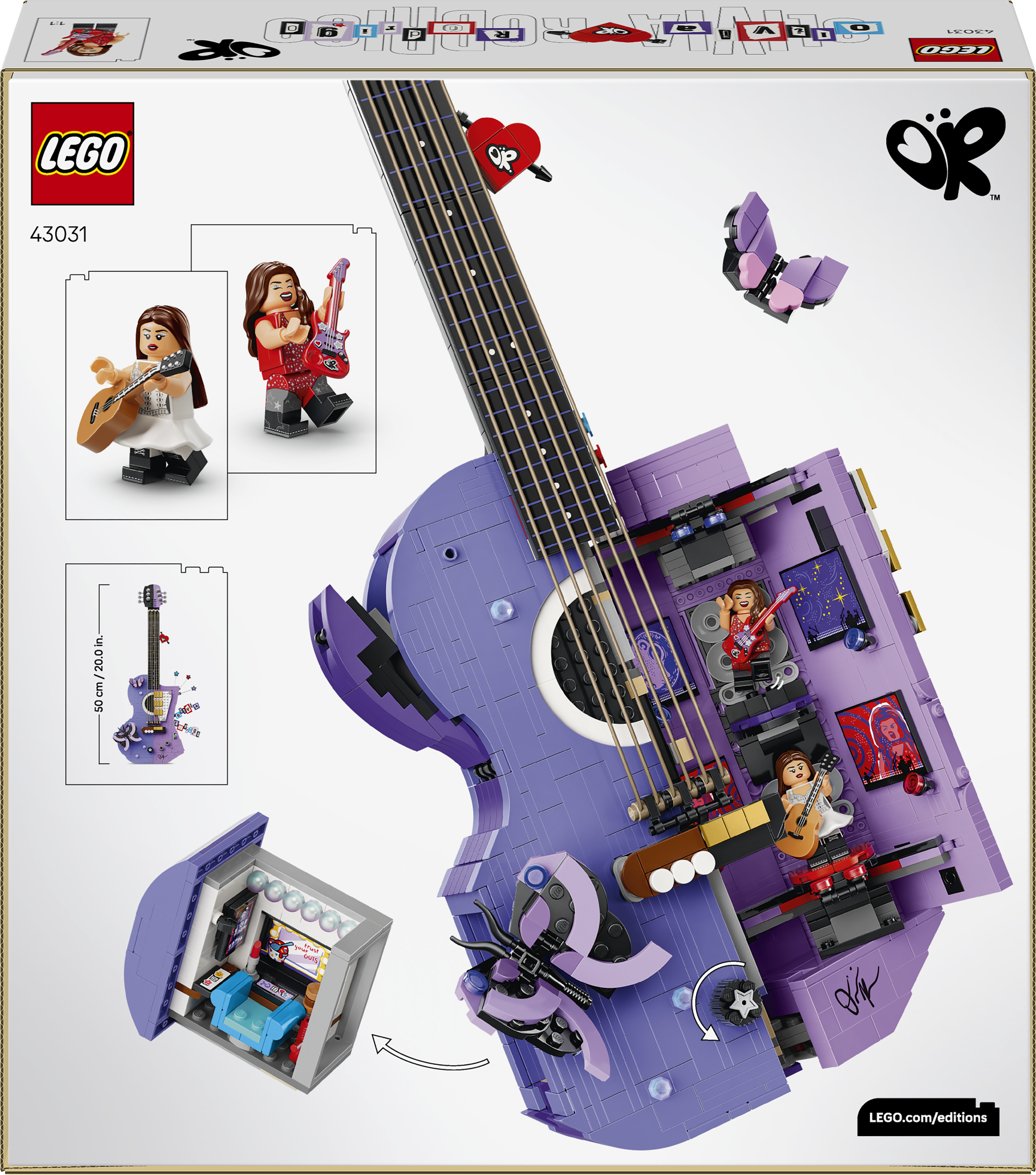 Lego-Set mit einer lila Gitarre, Figuren und Schmetterling.