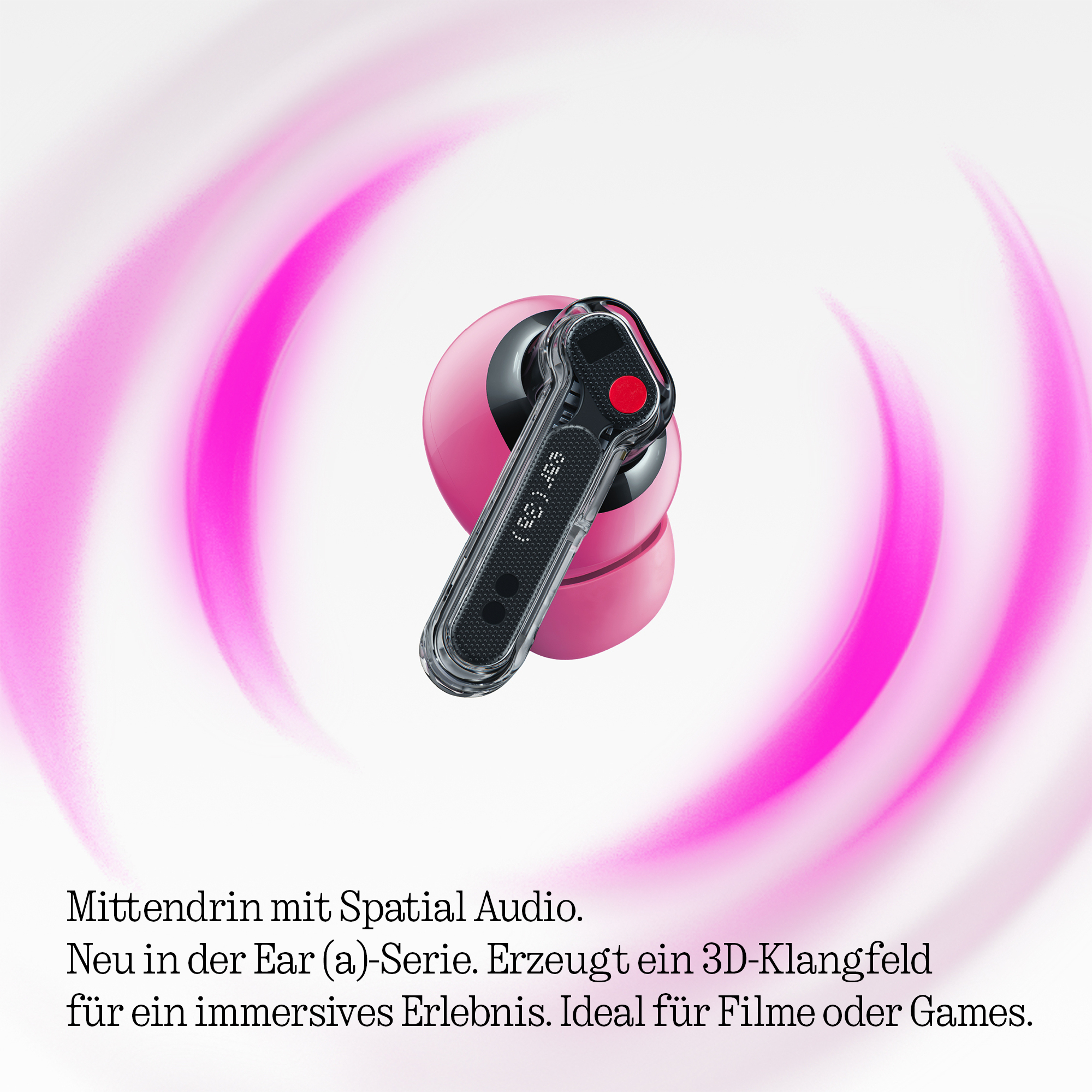 Ein pinker Earbud mit transparentem Stiel und rotem Punkt, umgeben von pinken Wirbeln.