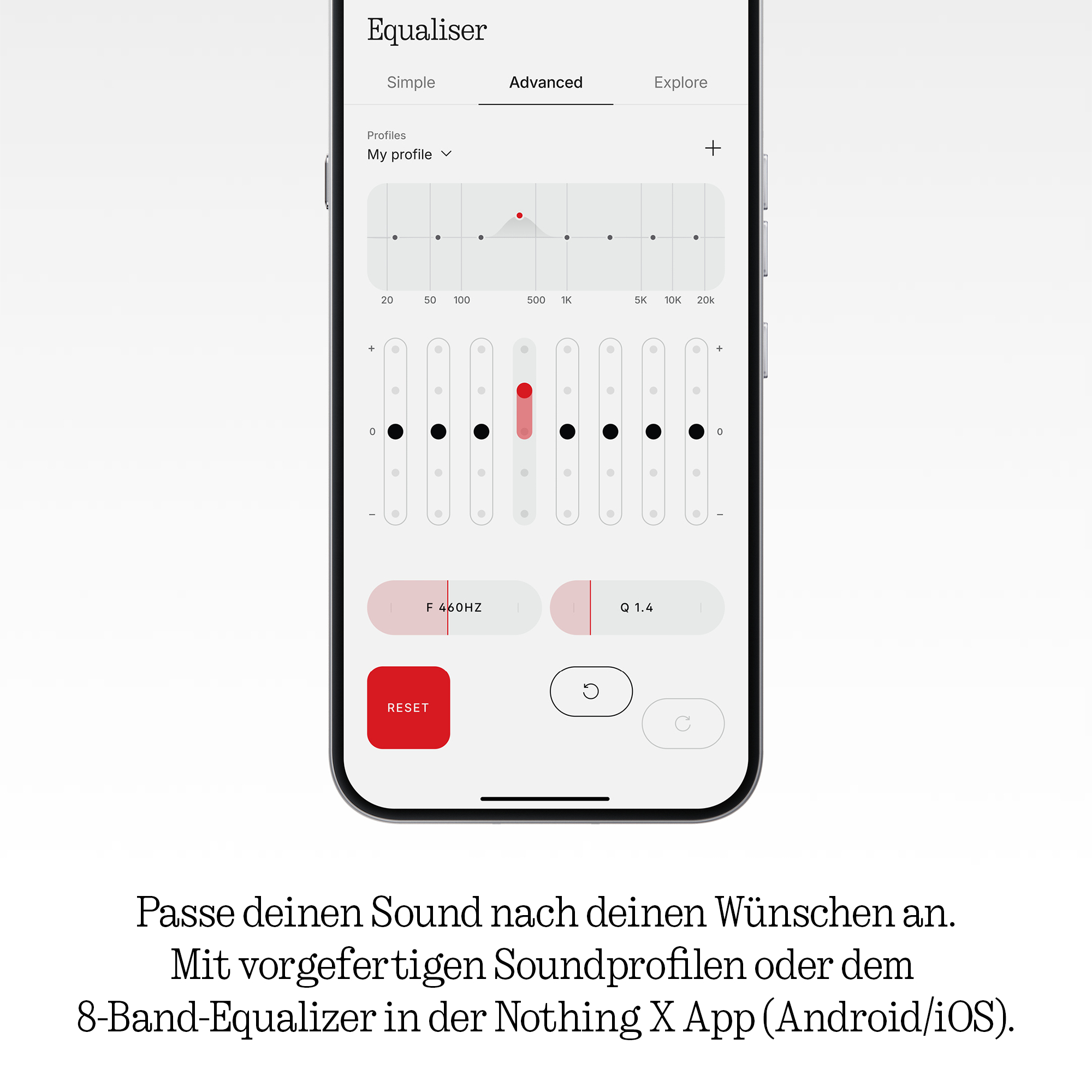 Ein Smartphone zeigt eine Equalizer-App mit Schiebereglern und Frequenzkurven.