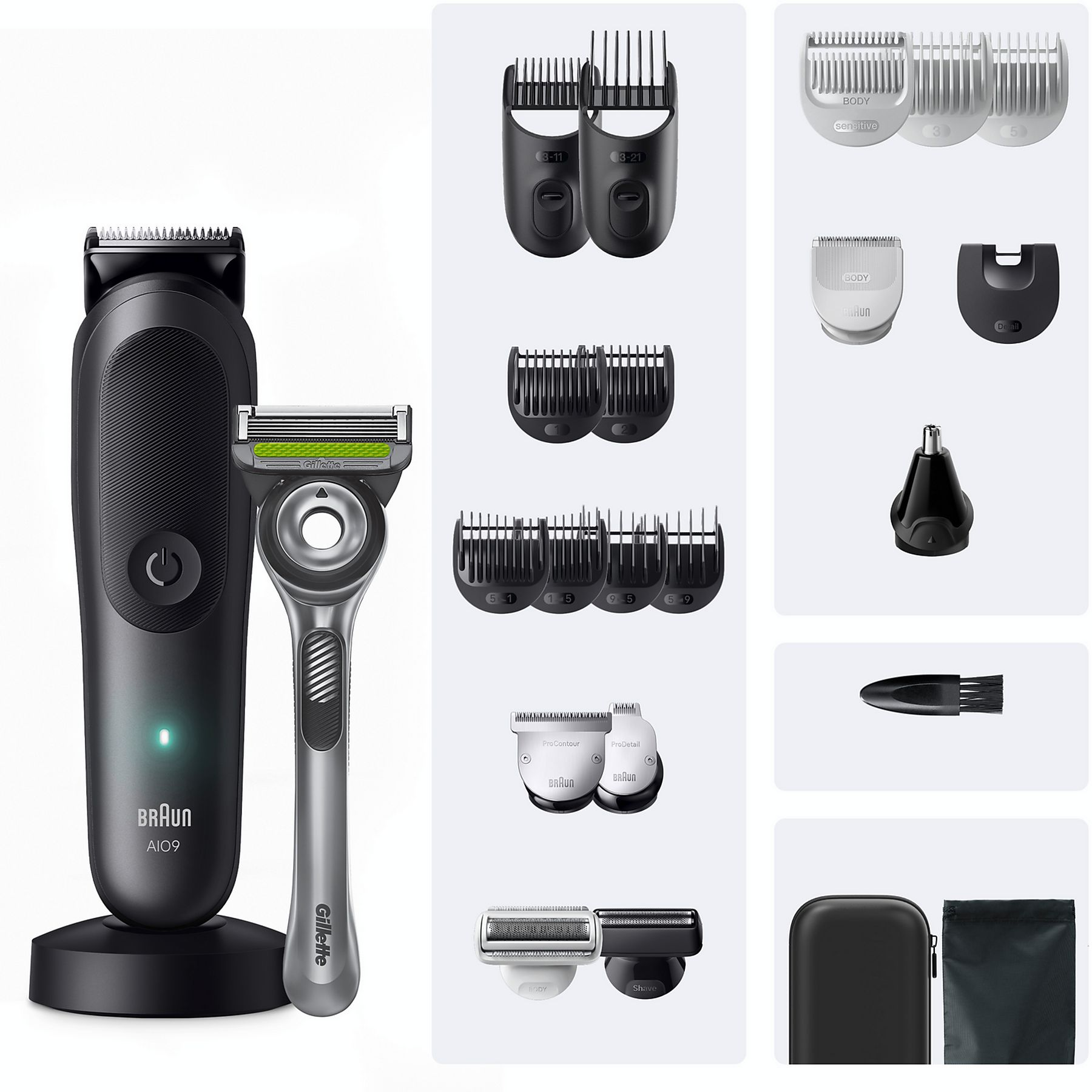Elektrischer Rasierer von Braun mit Gillette-Rasierer und Zubehör.