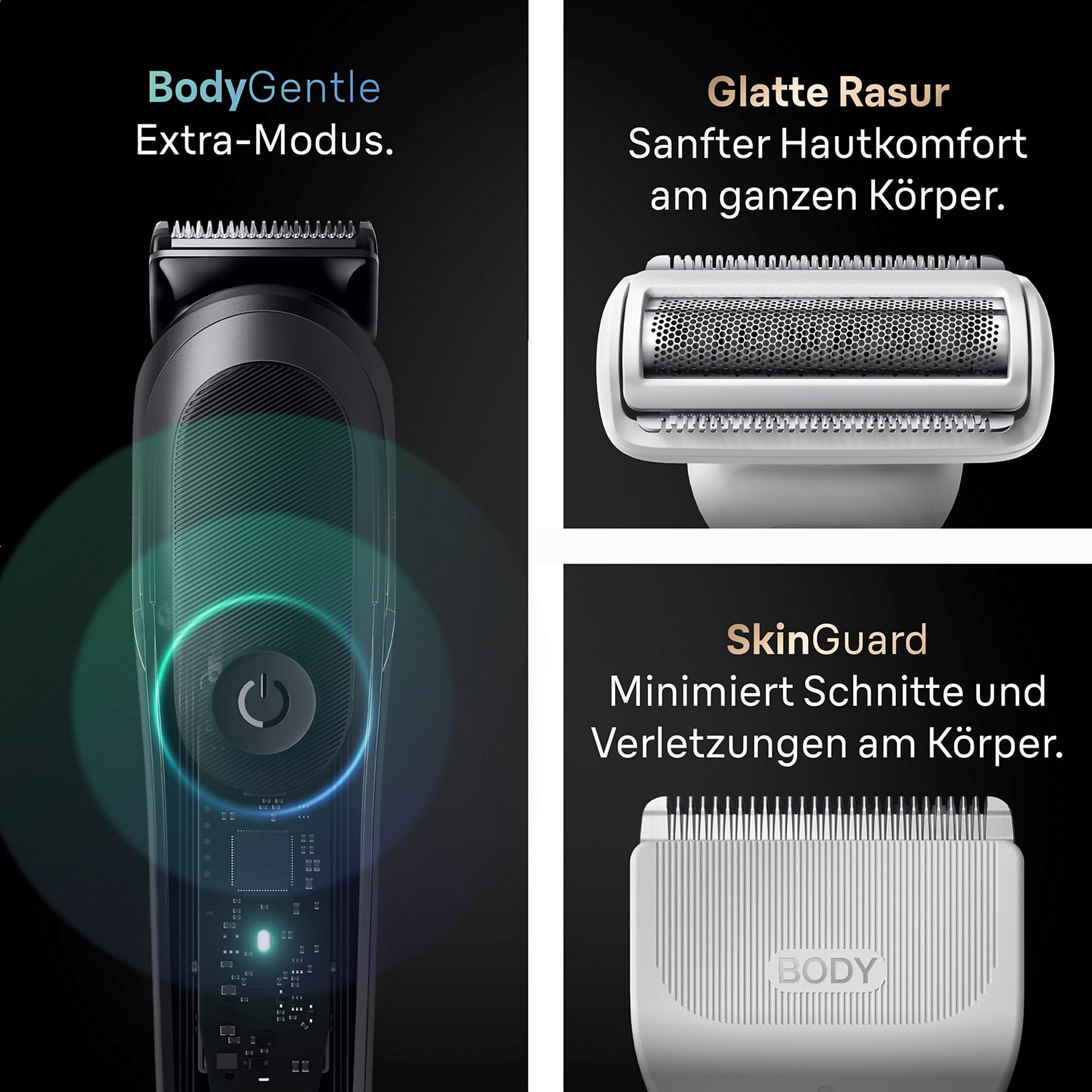 Elektrischer Bodygroomer mit Aufsätzen und Text.