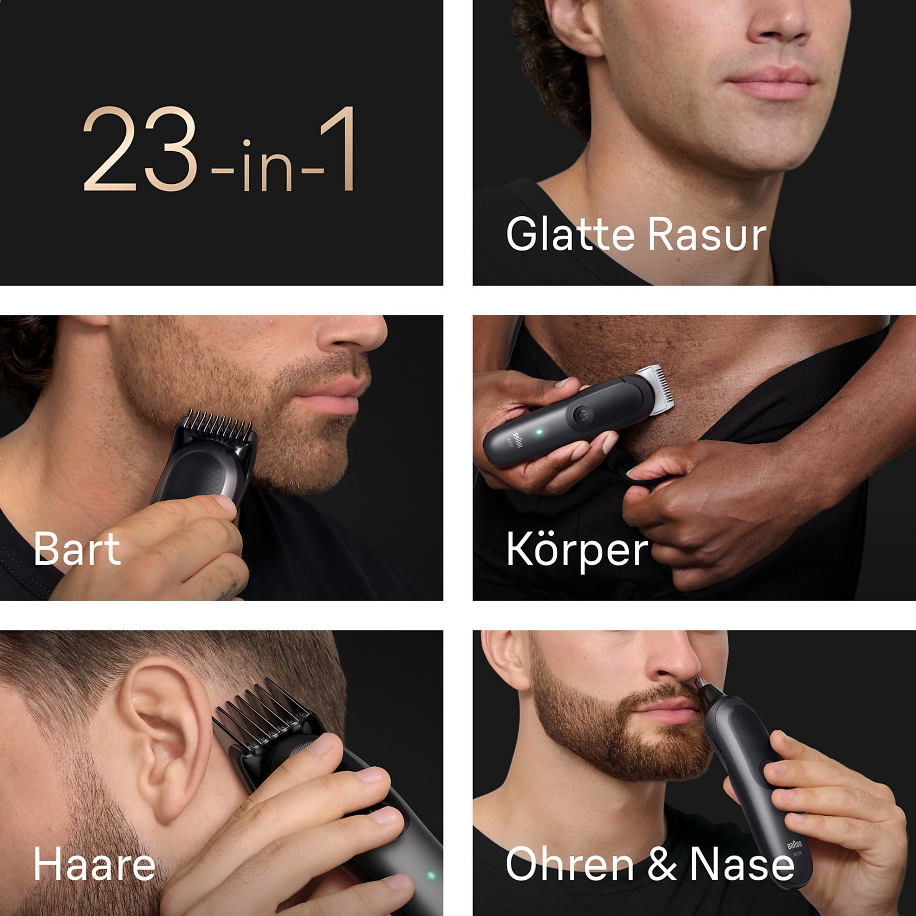 Ein Gitter-Layout zeigt einen Trimmer in Aktion für Bart, Körper, Haare und Nase.