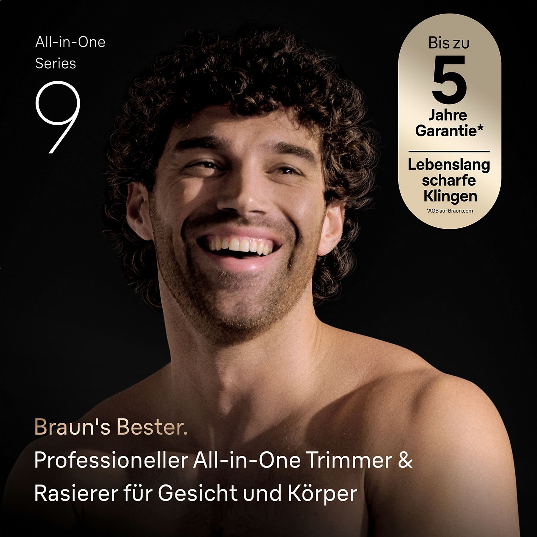 Mann mit Locken, lächelt, All-in-One Series 9 Trimmer mit Garantie.
