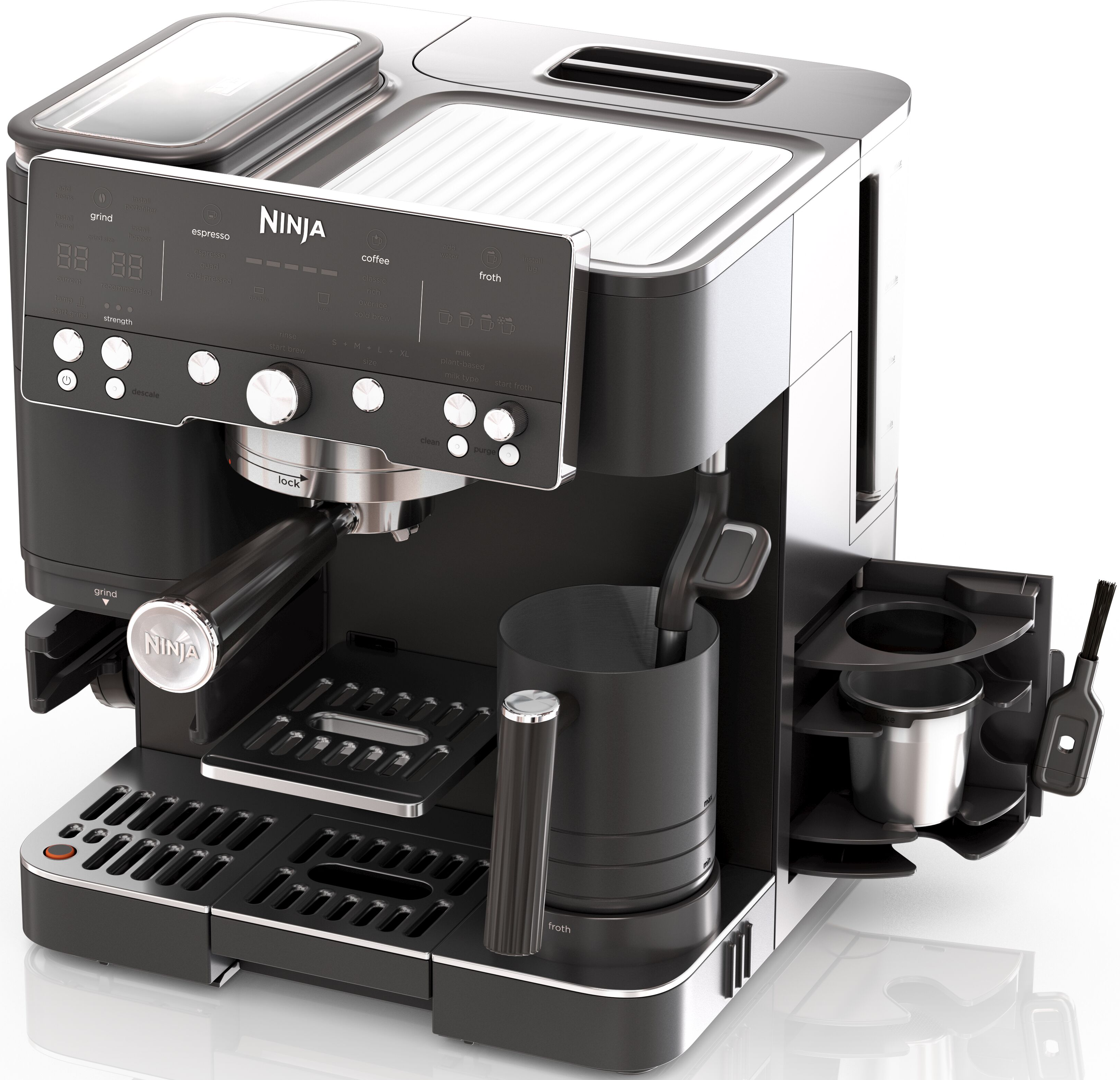 Una macchina da caffè Ninja nera e argento con controlli digitali e montalatte.