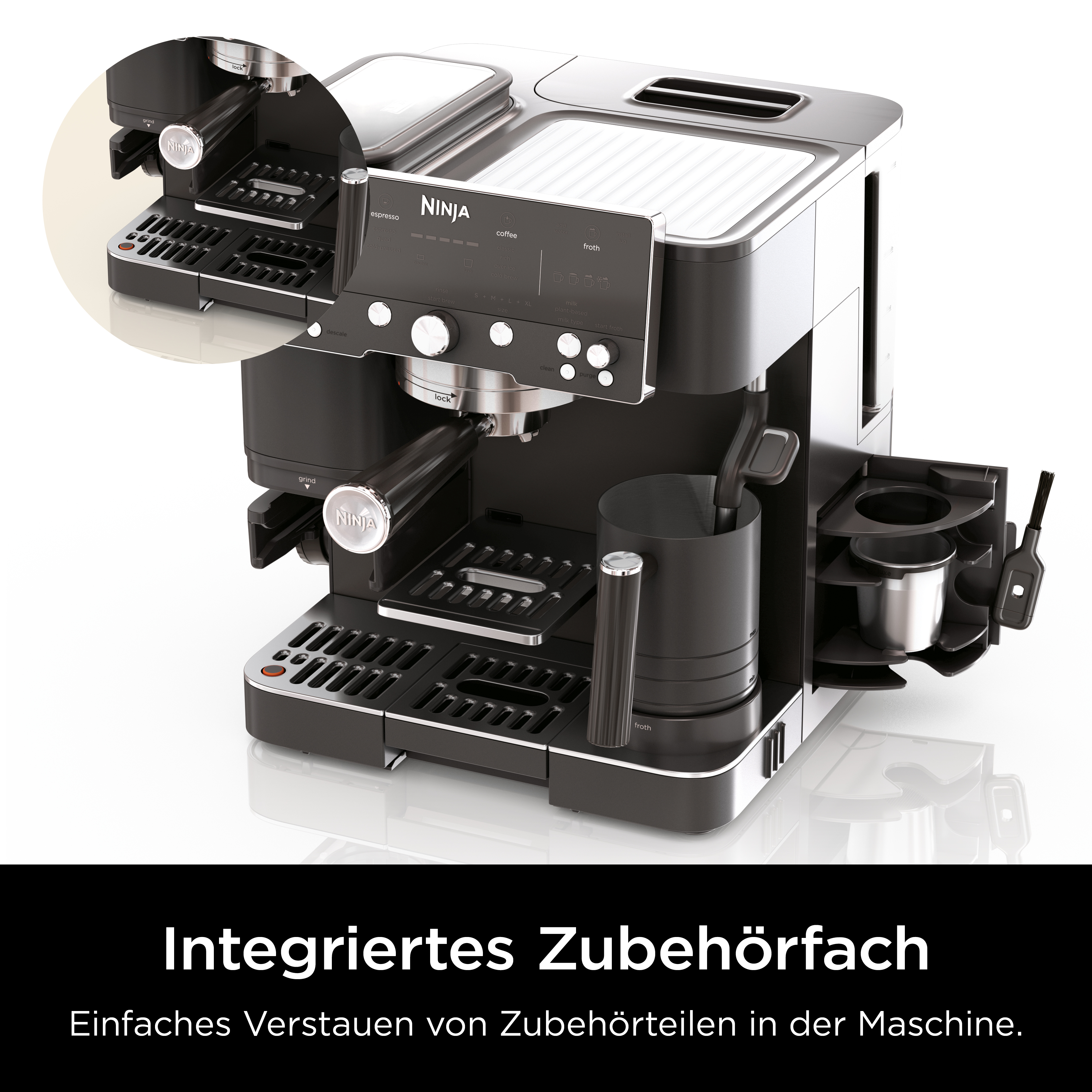 Macchina da caffè Ninja nera con vano accessori integrato e pannello di controllo.