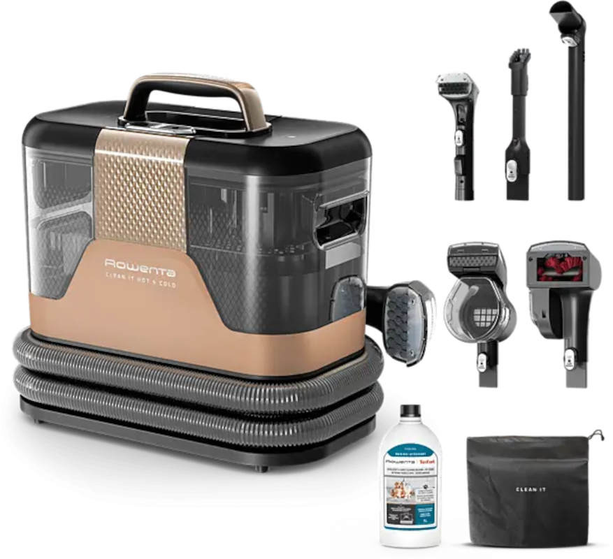 Nettoyeur Rowenta avec accessoires : appareil principal, brosses, flacon et sac.