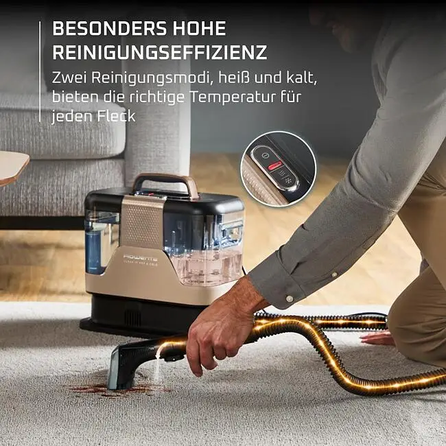 Homme nettoie tache de tapis avec machine; modes chaud/froid.