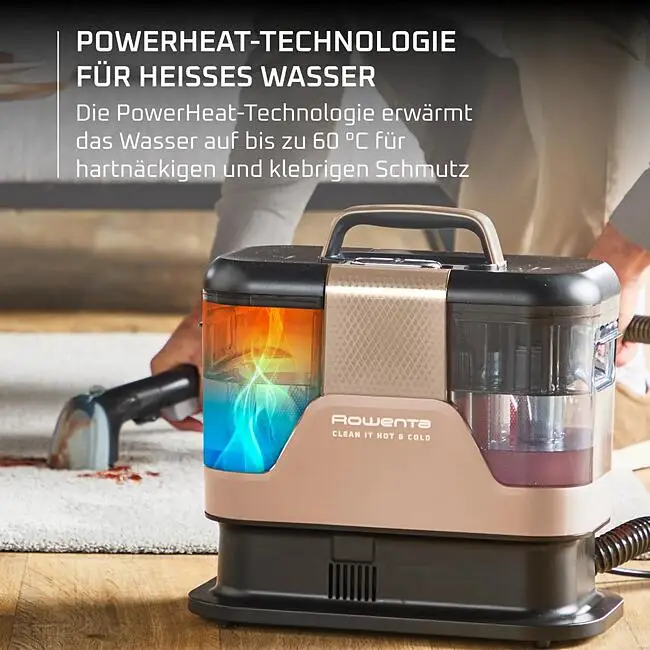 Nettoyeur Rowenta avec technologie PowerHeat chauffe l'eau pour saleté tenace.