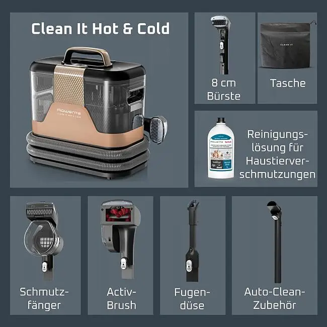 Aperçu du produit : Nettoyeur vapeur avec accessoires tels que brosses, sac, solution nettoyante.