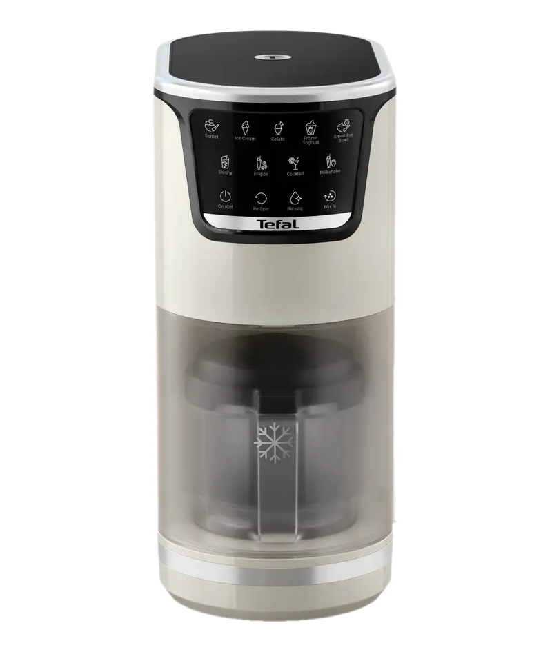 Eine weiße Tefal Eismaschine mit Touchscreen-Bedienfeld und Eiswürfelsymbol.