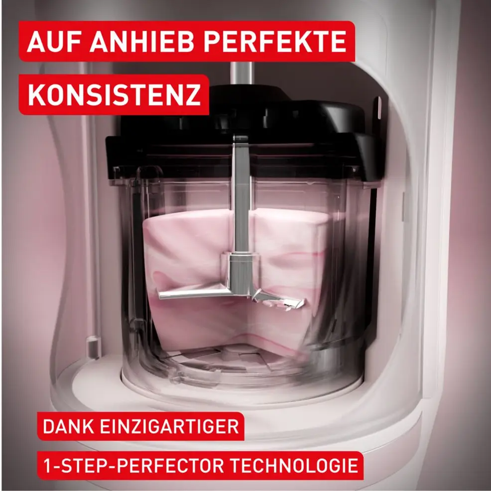 Eismaschine mixt rosa Masse mit Rührwerk. Text: Auf Anhieb perfekte Konsistenz.