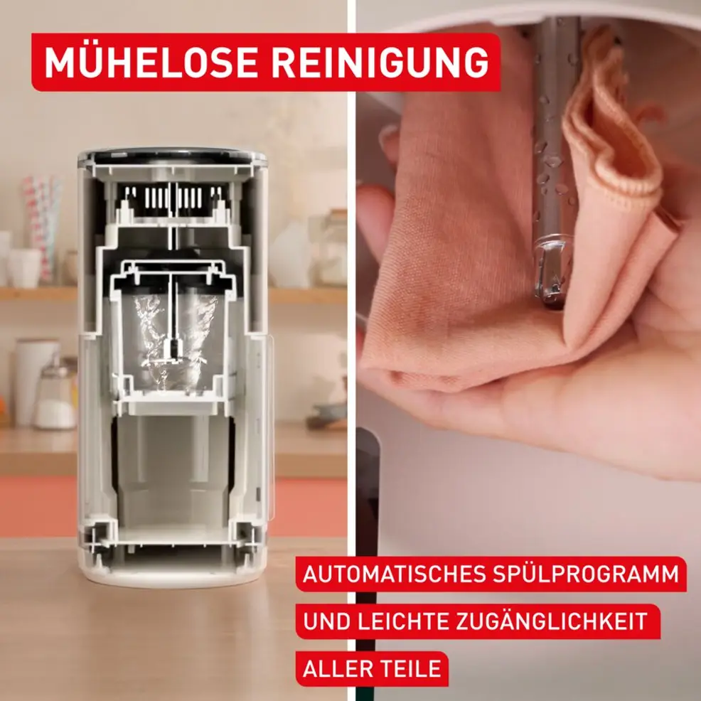 Schnittansicht eines Geräts und eine Hand reinigt Metallteile mit einem Stoff.