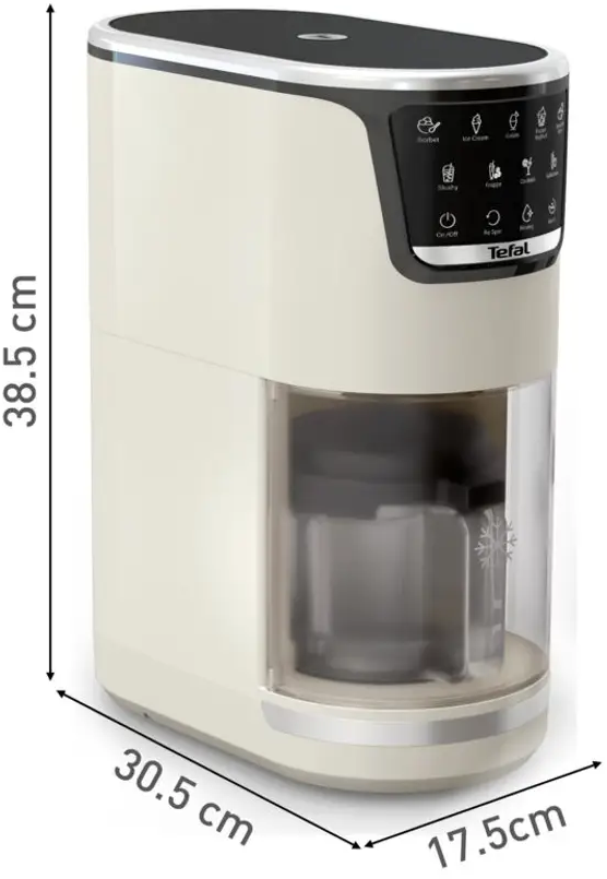 Eine cremefarbene Tefal Eismaschine mit Bedienfeld und transparentem Behälter.