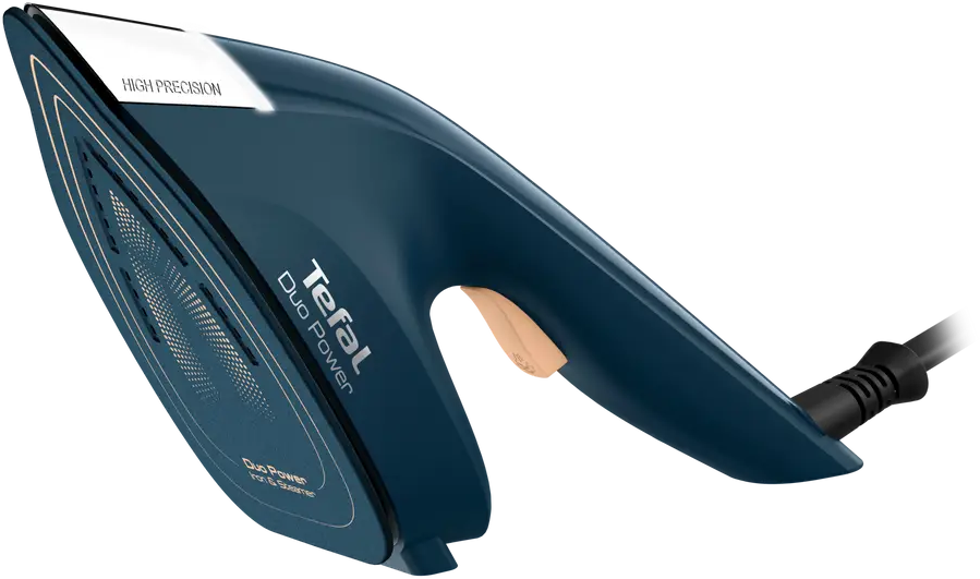 Dunkelblauer Tefal Dampfbügeleisen mit "High Precision" Aufkleber.