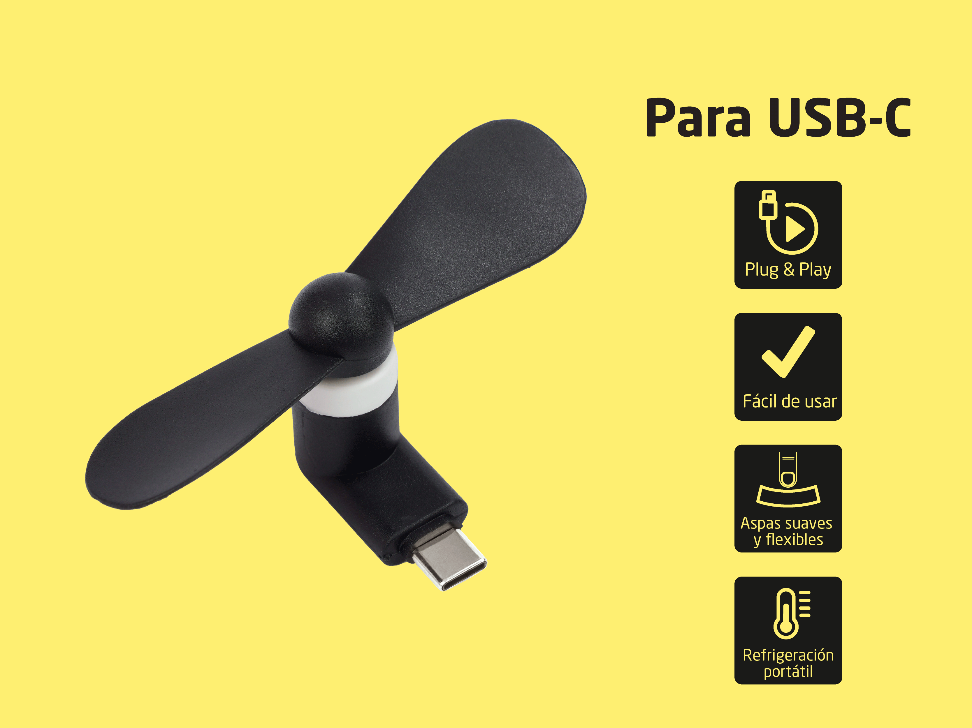 Schwarzer USB-C-Ventilator mit gelbem Hintergrund und Symbolen.