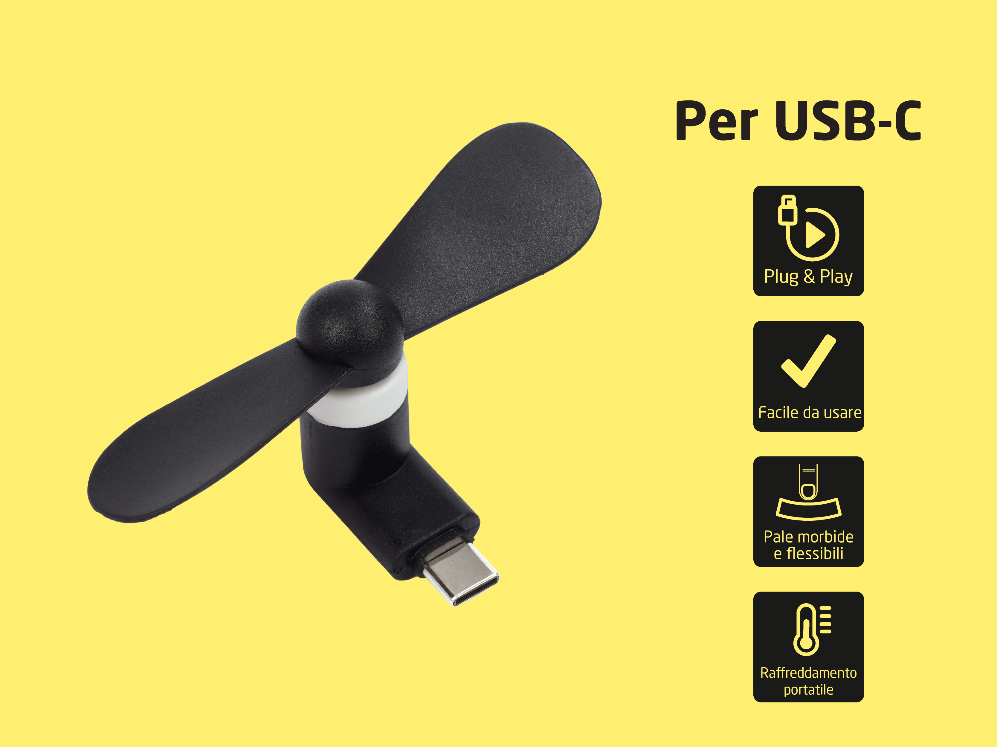 Ein schwarzer USB-C-Mini-Ventilator mit zwei Blättern auf gelbem Hintergrund.