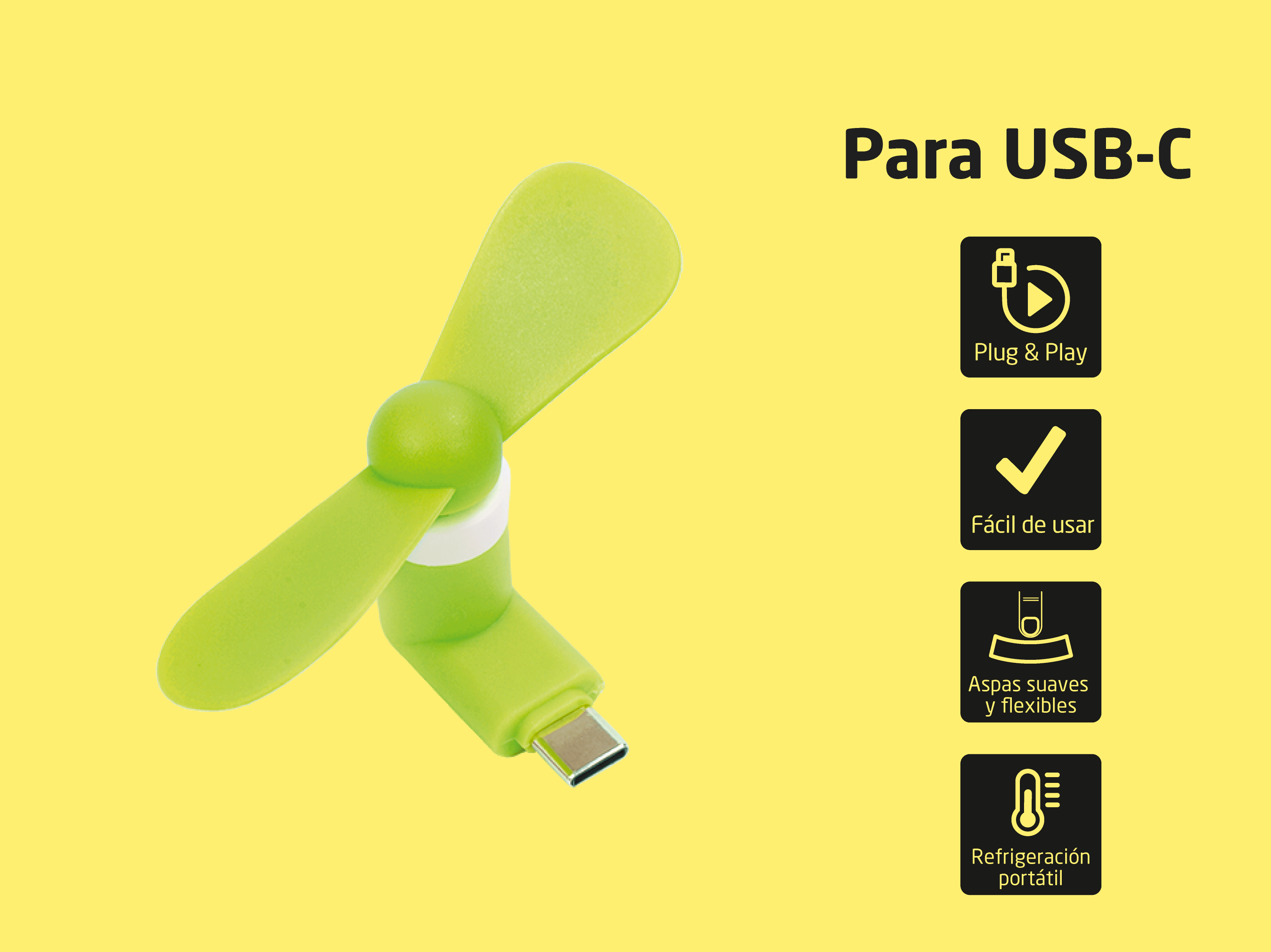 Ein kleiner, grüner USB-C-Ventilator mit weichen, flexiblen Blättern.